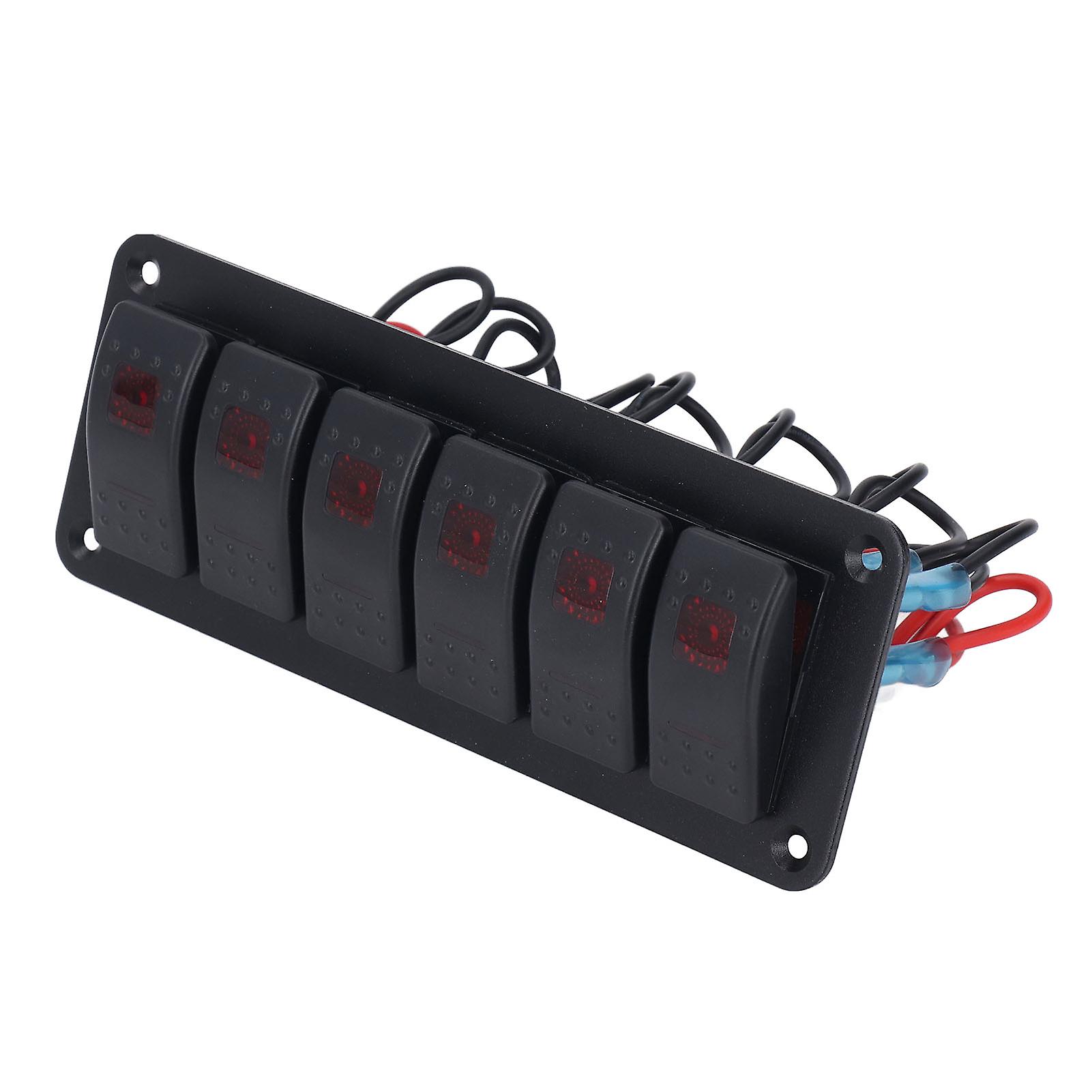 6 Gang Rocker Switch Panel LED Backlit On Off Switch Waterproof Circuit Protection for Car RV Bus Marine Boat ATV UTV Red