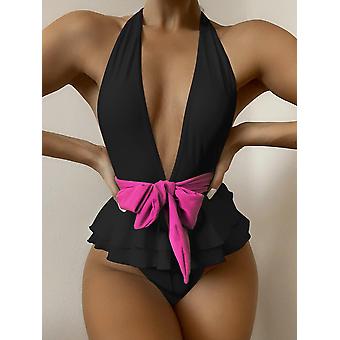 Veeki Women's Halter Plunge Neck Knot Waist One Piece Bikini Swimsuit, Black, L