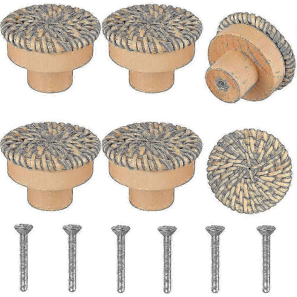 Boho Rattan Dresser Knobs Round Screws Compatible Boho Furniture Knobs 6pcs - RIpj