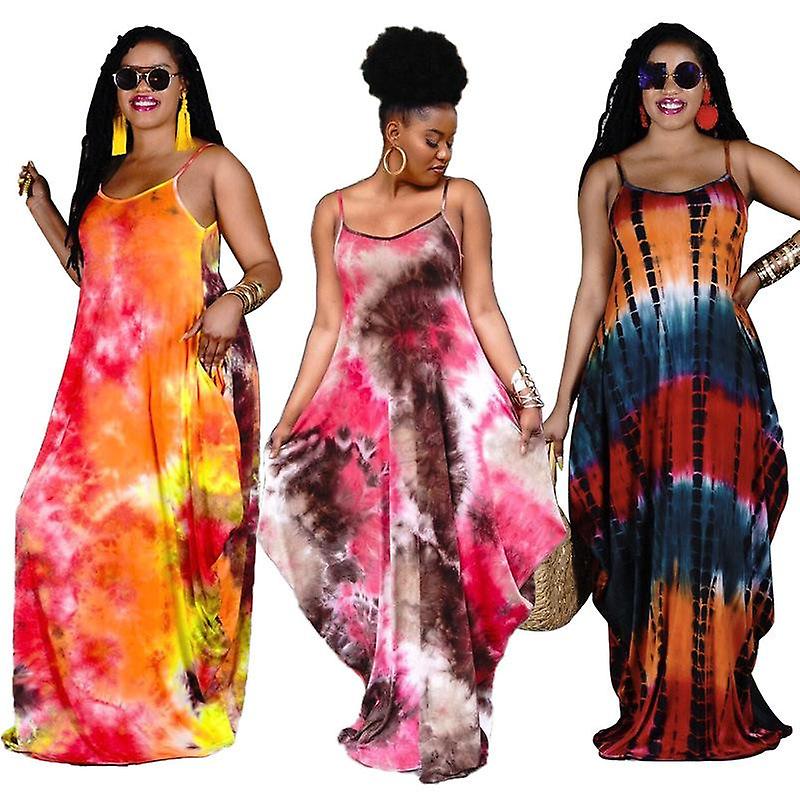 Plus Size Tie-dye Printed Loose Strap Long Dress