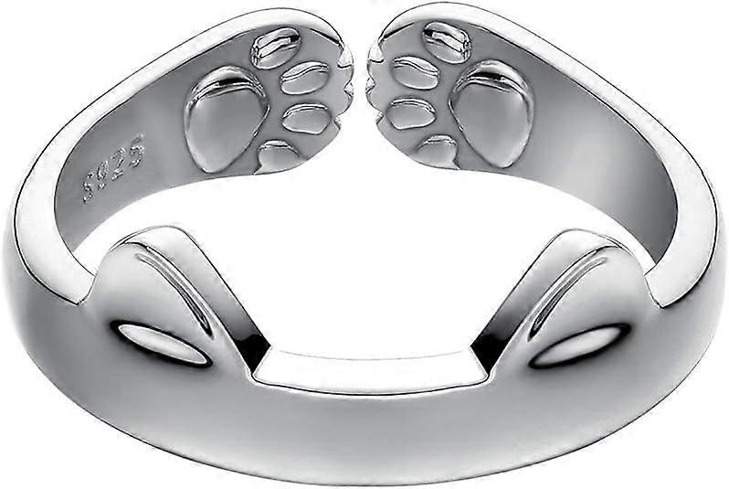 S925 Sterling Silver Cat Ears Open Tail Ring Paws Mutual Surrounded
