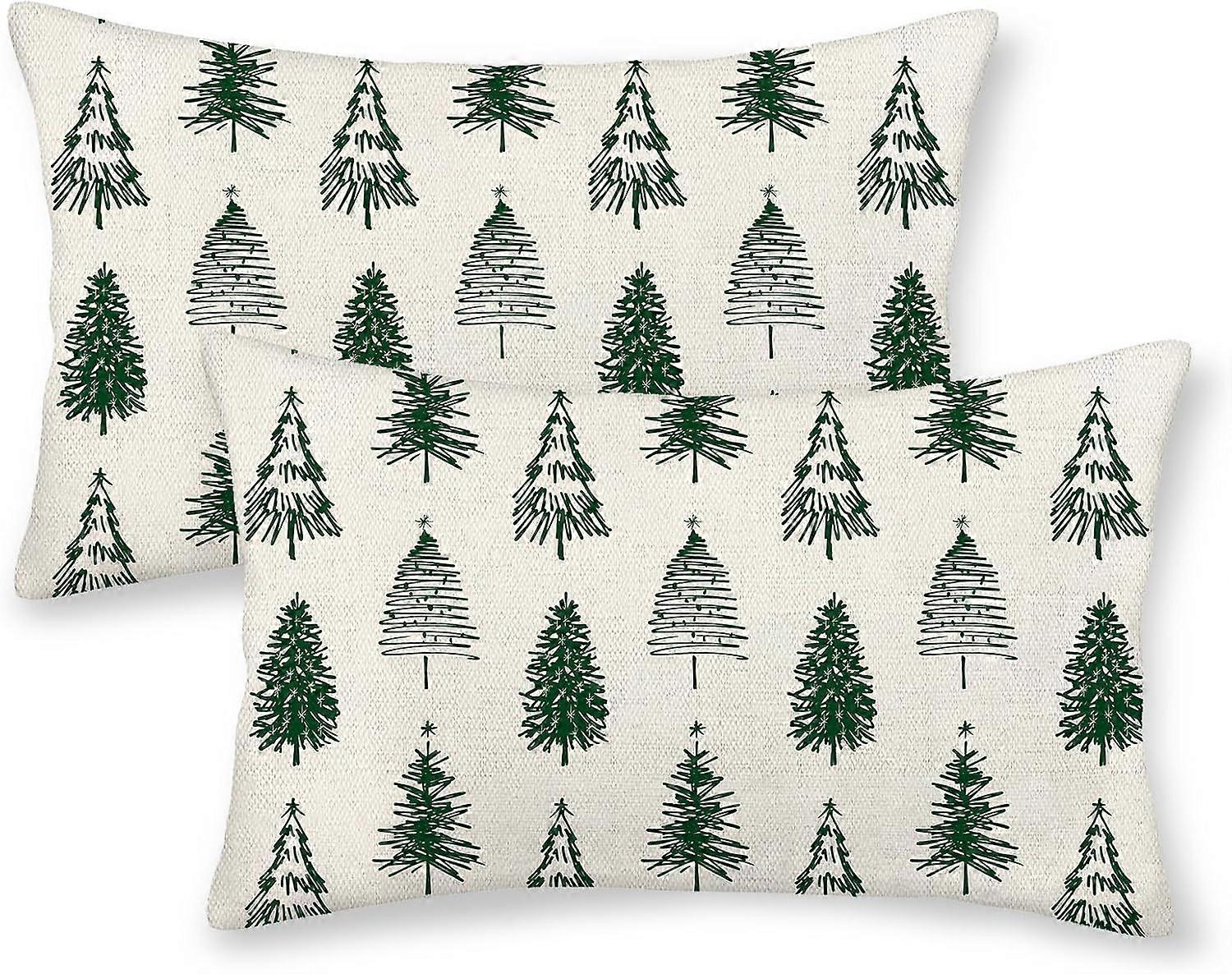 Vianočné obliečky na vankúše 12x20 Sada 2, vianočná výzdoba Ľanová obliečka na vankúš Vianočný stromček Geometrické zelené vankúše Zimná farma Sviatočná výzdoba
