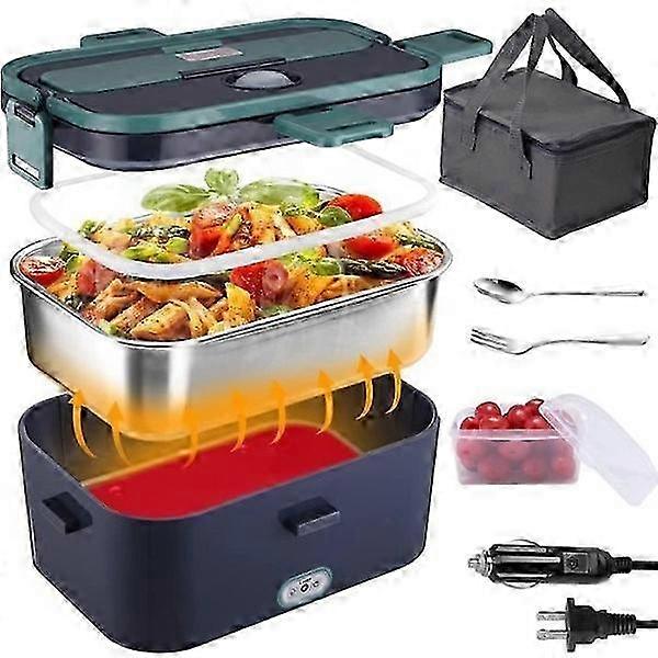 60W Heated Lunch Box 1.6L Lunch Box 12V/24V/220V Electric Heated Lunch Box with Spoon and Two Compartments