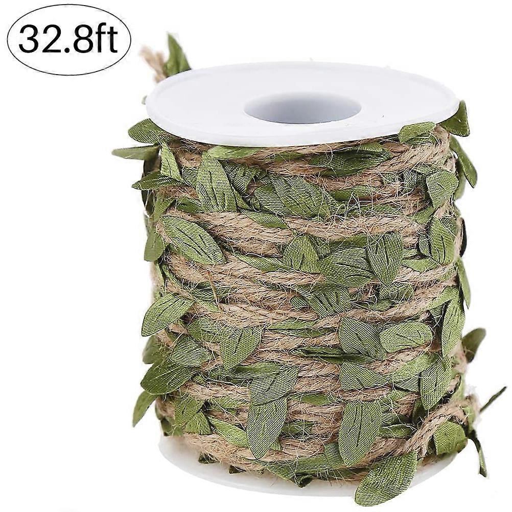 Natural Jute Twine Burlap Leaf Ribbon with Artificial Green Leaves for Art and Crafting Home Party Decoration