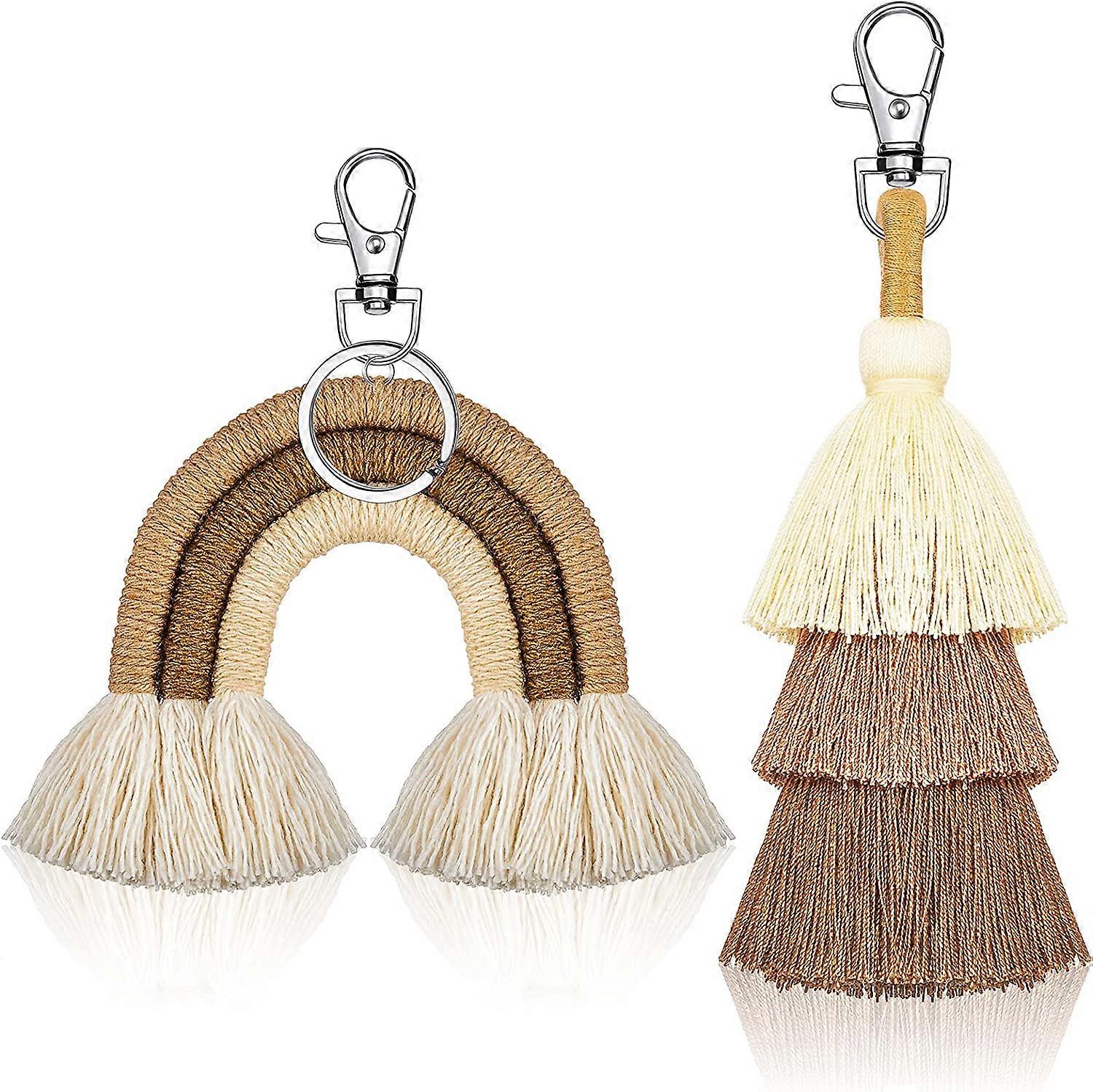 2 stykker Boho Rainbow nøkkelringer Pom Pom Tassel Macrame nøkkelringer for kvinner jenter
