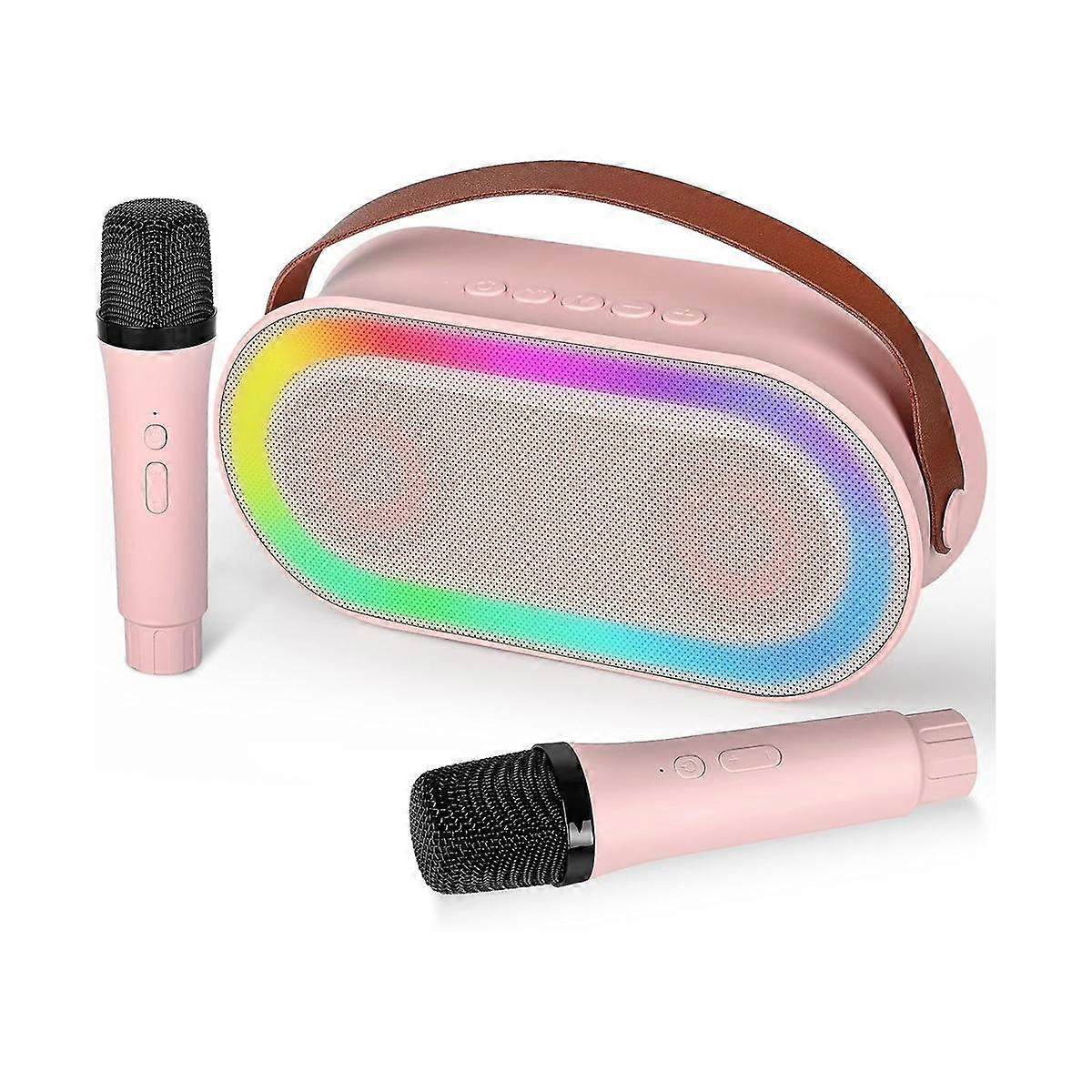Mini , Portable Bluetooth Speaker Set with 2 Wireless Microphone with LED Lights (Pink)