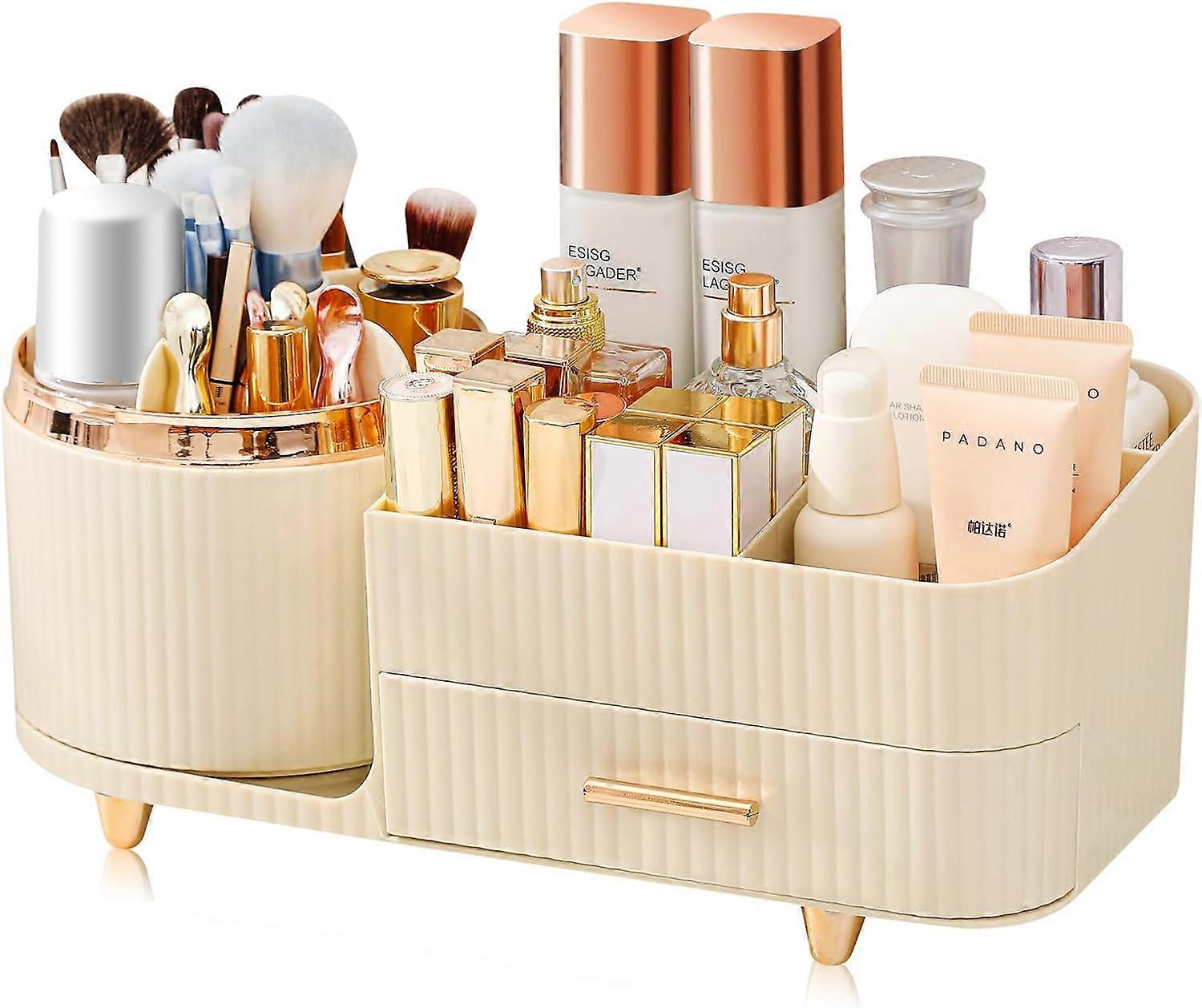 360Rotating Makeup Organizer,Multi-grid Cosmetic Storage Box With Lid & Drawer,Makeup Box For Brushes