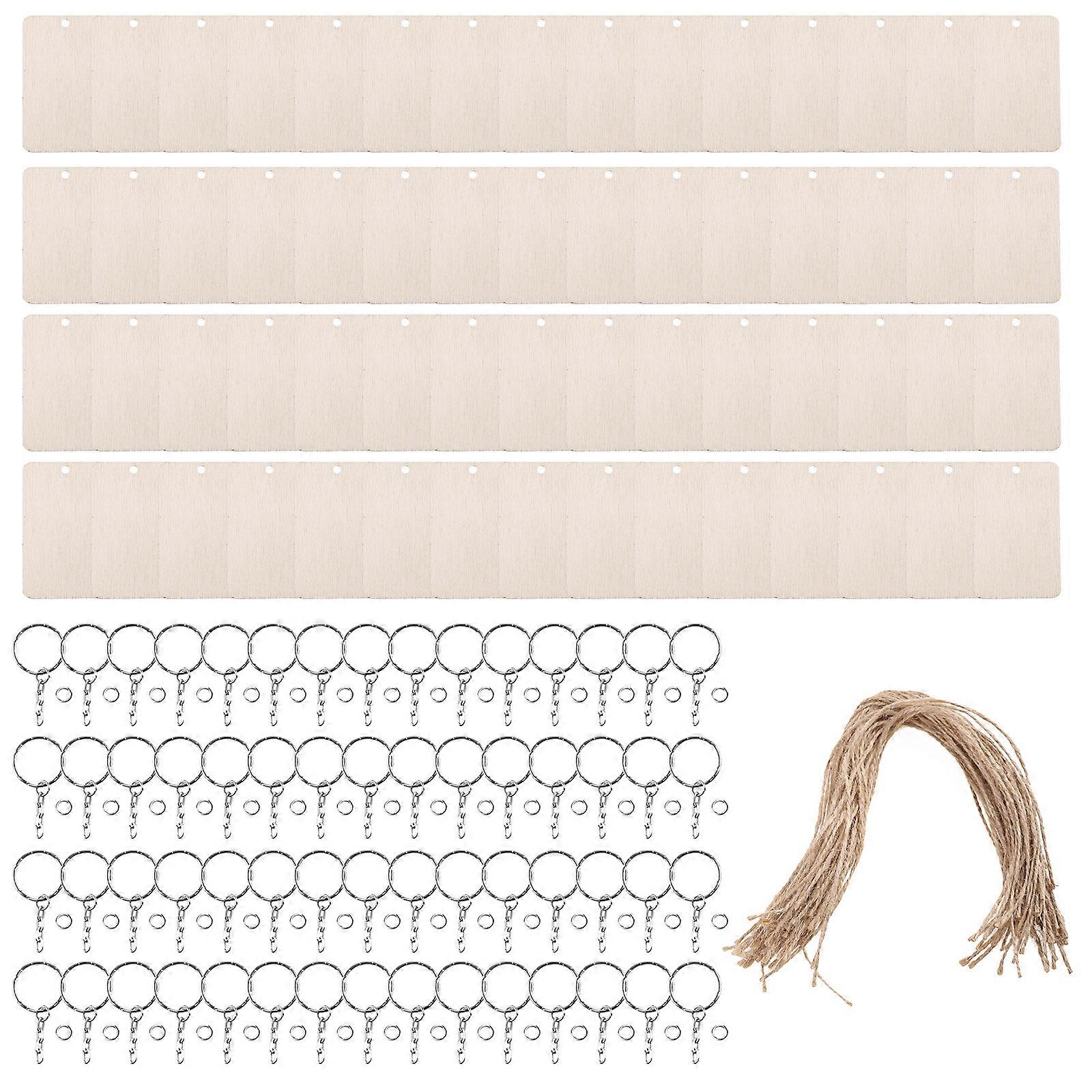 60Pieces Rectangular Wood Chip Keychain Blank Wood Chip Pendant DIY Keychain