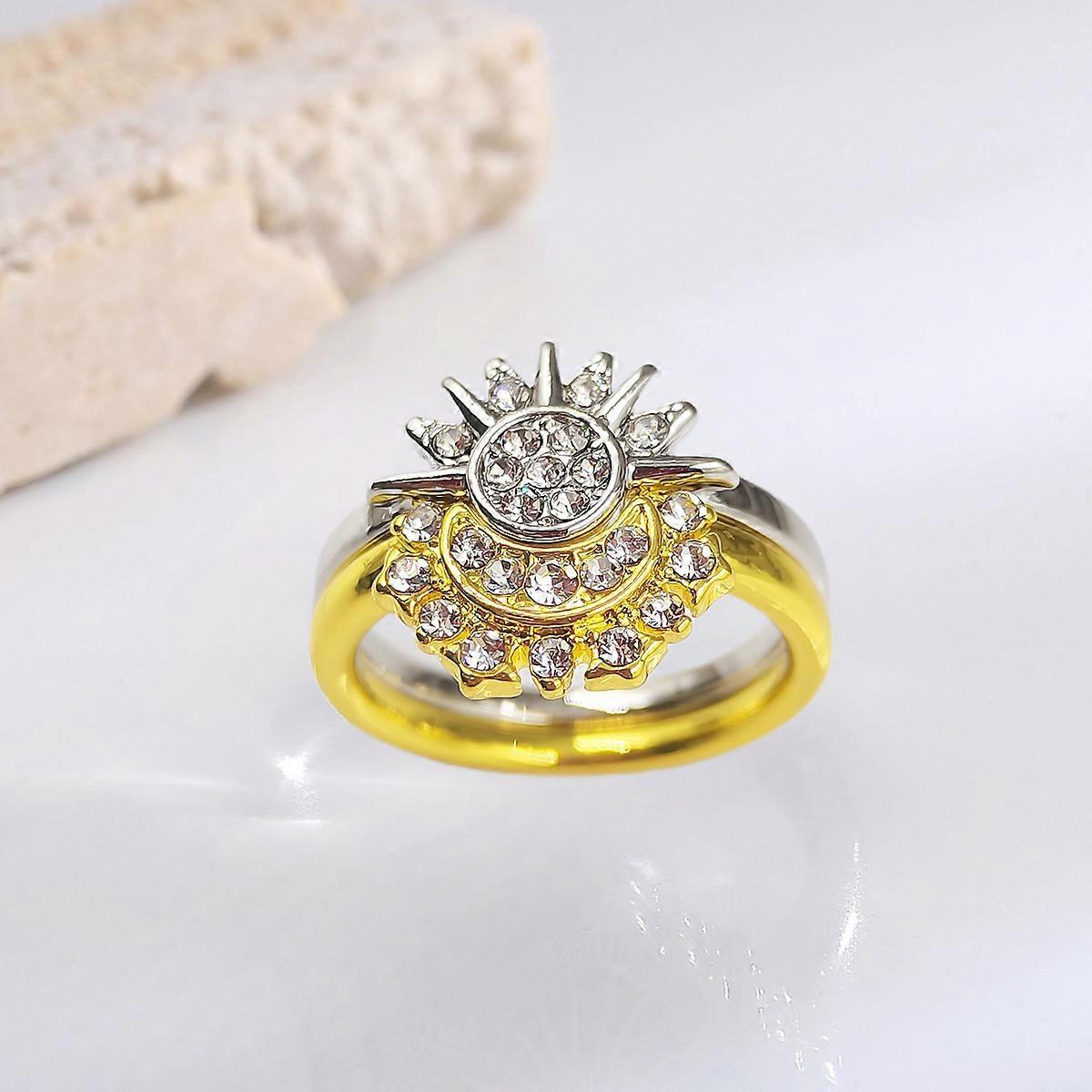 Minimalist Sparkling Sun Moon Blue Diamond Stacking Couple Rings Set