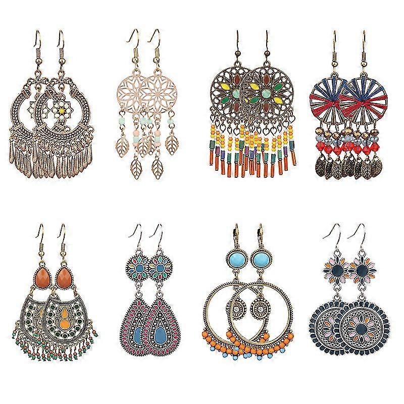 8 Pairs Bohemian Silver Drop Dangle Earrings Set For Women/girl, Hypoallergenic Fashion Vintage Bronze Waterdrop