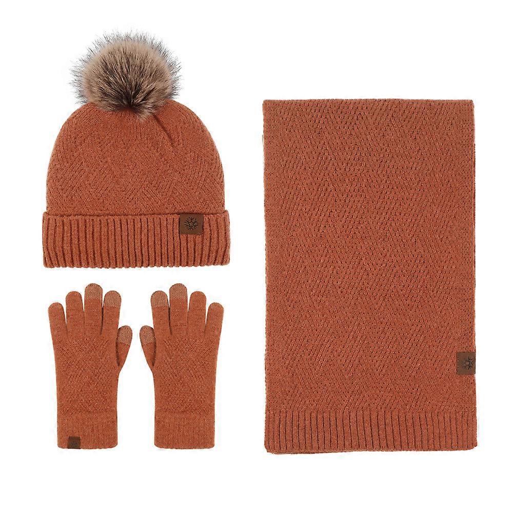 Solid color wool warm hat, scarf and gloves three-piece set, cold-proof plus fleece knitted suit