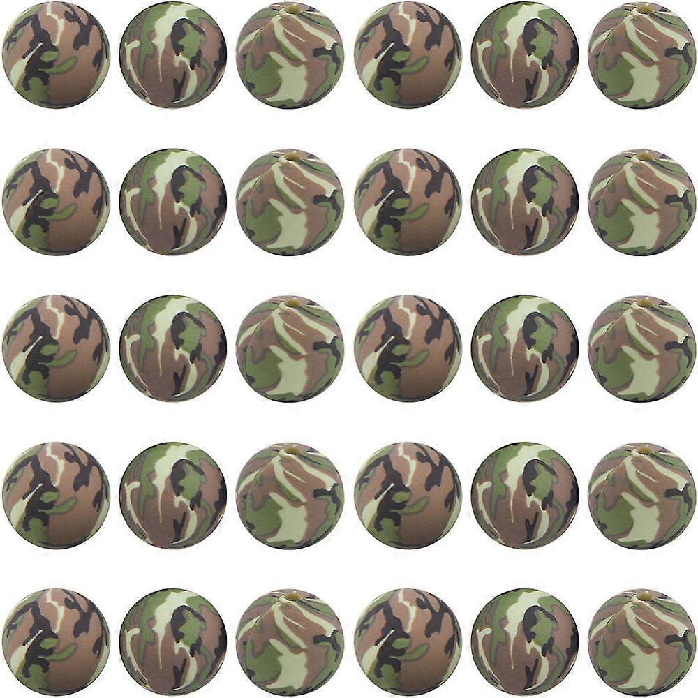 30pcs Round with Camouflage Pattern Silicone Focal Beads Round Green 15mm Hole: 2mm 30pcs/box