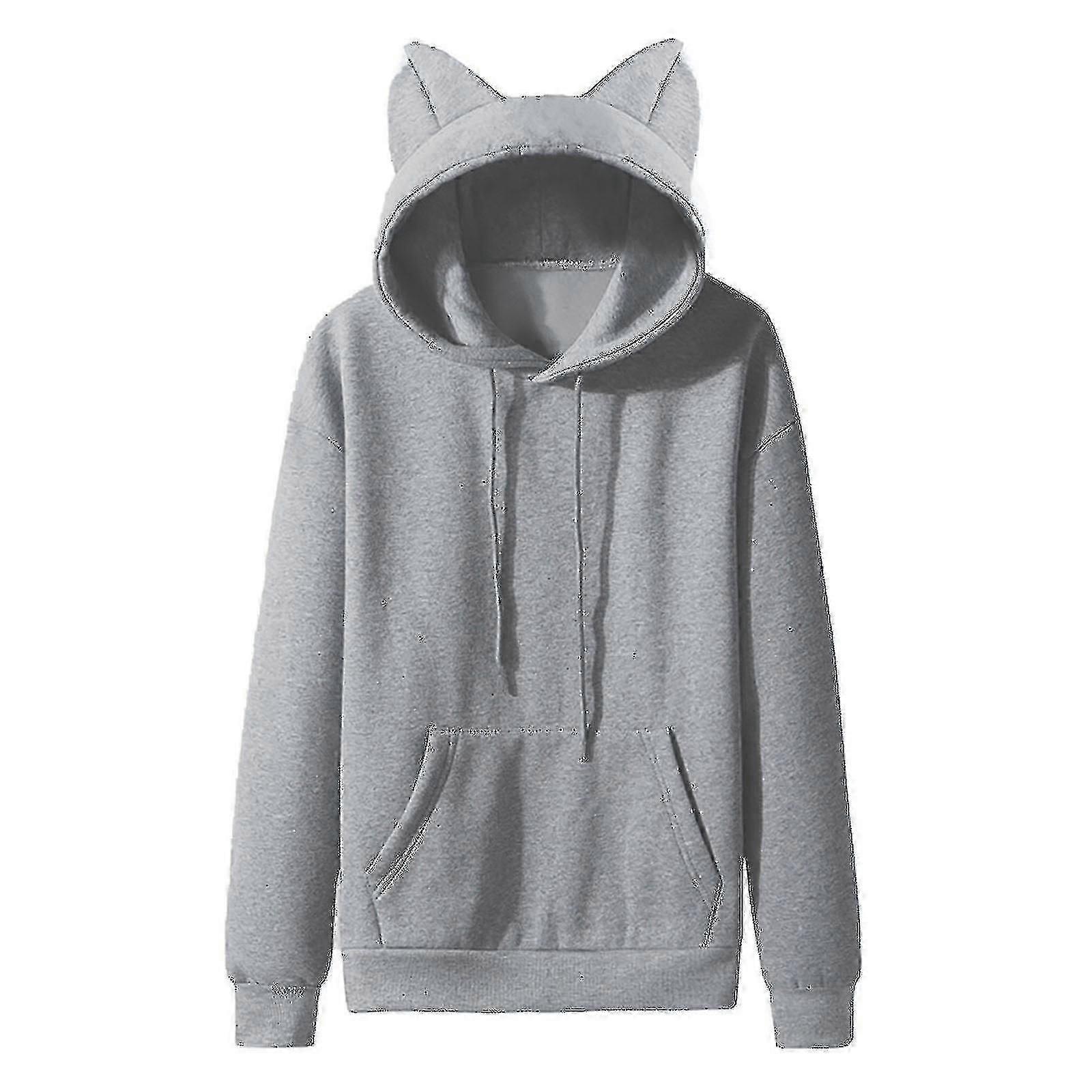 Erkekler Rahat Katı Kazak Kedi Kulakları Kapüşonlu Polar Cep Sweatshirt Hoodie -baa