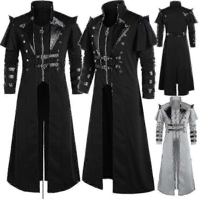 Vintage Halloween Middelalderlig Steampunk Assassin Elves Pirat Kostume Voksne Mænd Sort Lang Split Jakke Gotisk Rustning Læderfrakker