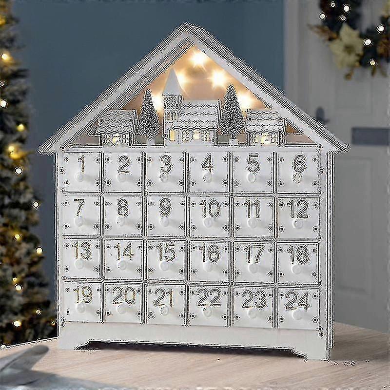 24 Days White Wooden Led Christmas Advent Calendar Storage Drawer