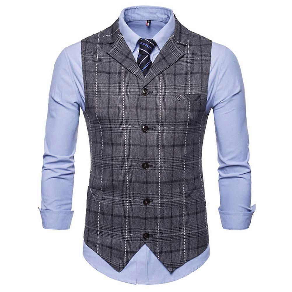 Men Plaid Pattern Single-breasted Sleeveless Formal Waistcoats Dress Suit Vest (Dark Gray 4XL)