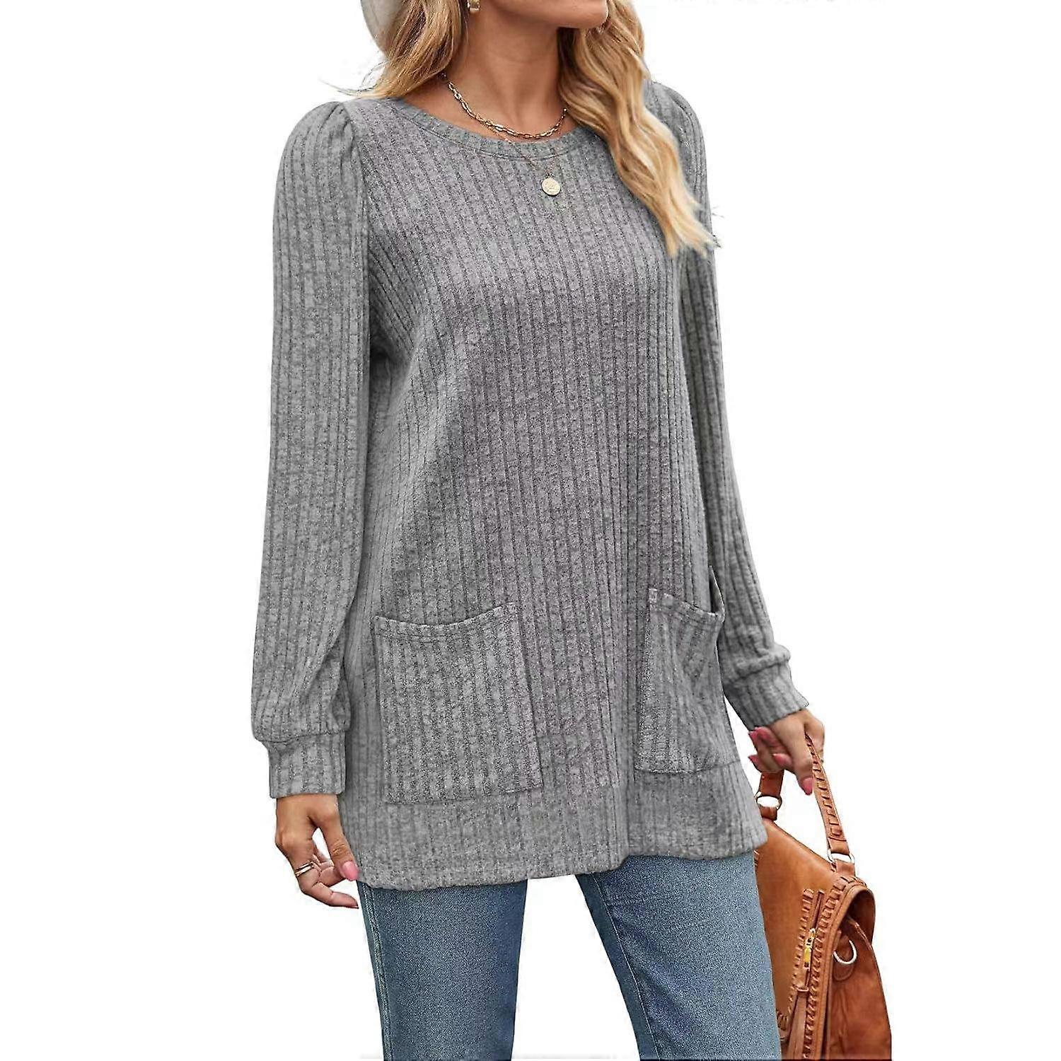 Autumn Winter Elastic Rib-knit Pocket Top Solid Loose Casual Bubble Sleeve T-shirt for Women