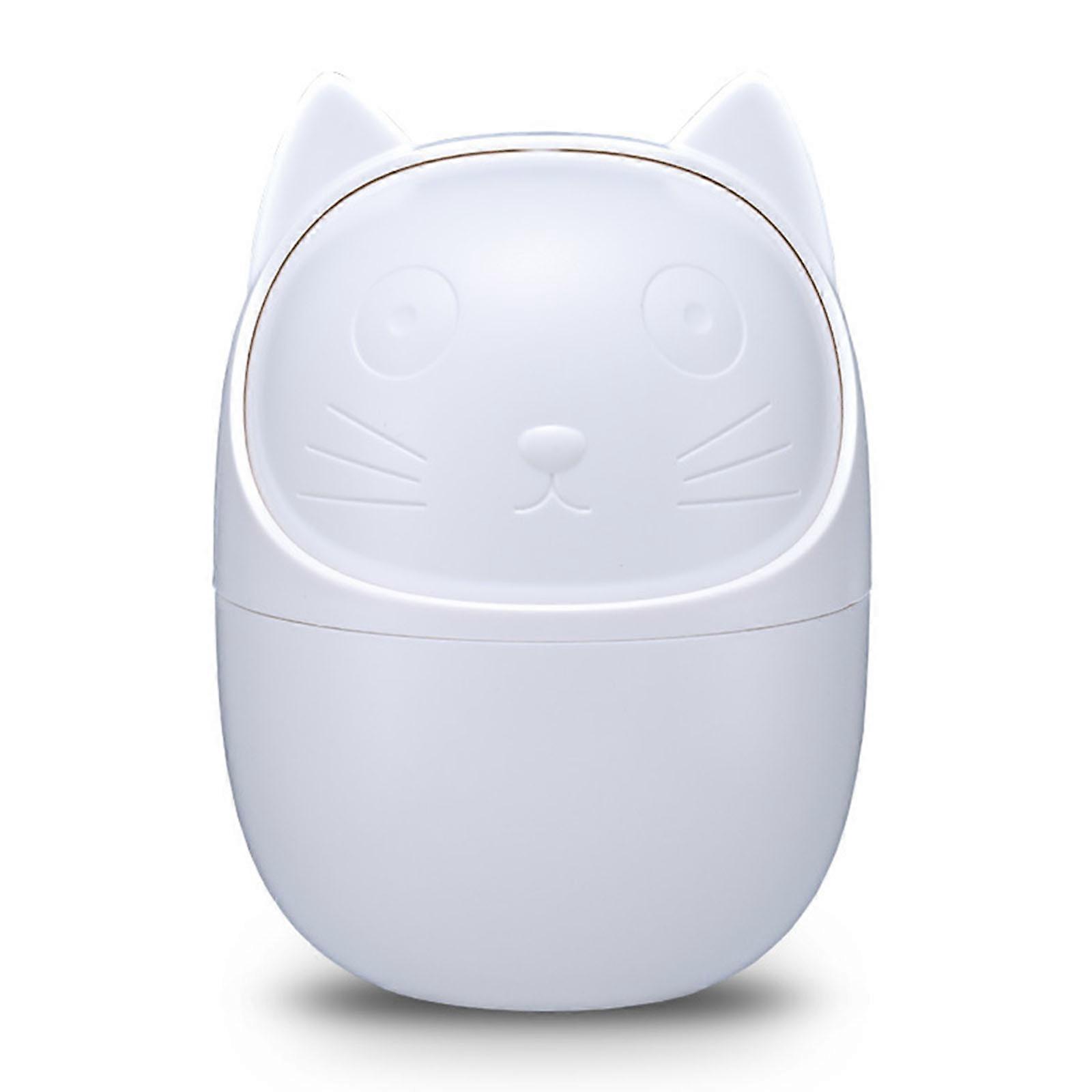 Cute Desktop Mini Flip Garbage Storage Bucket Cartoon for Cat Small Trash Can with Rotating Cover Paper Waste Container White