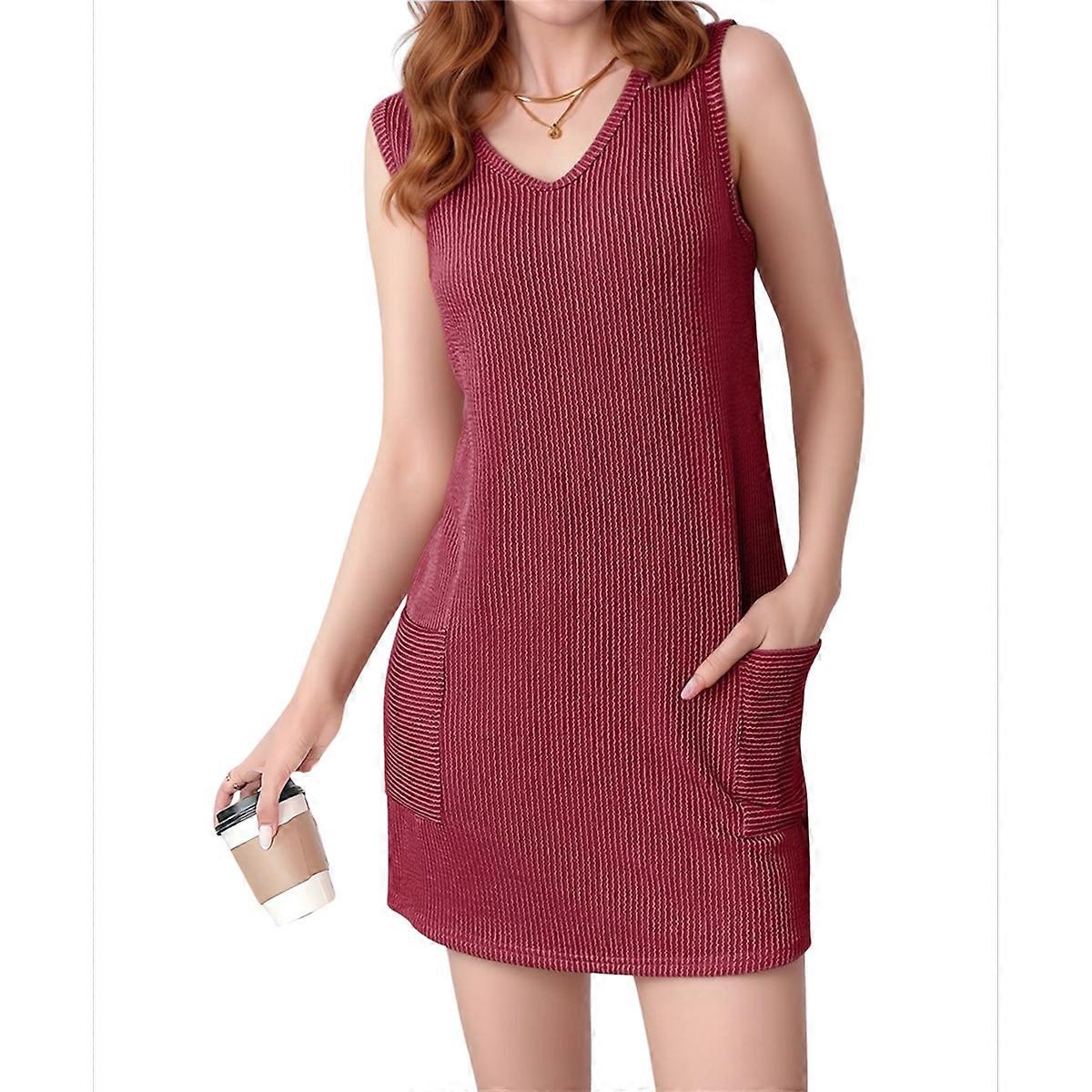 V Neck Sleeveless Sundresses Wine Red L