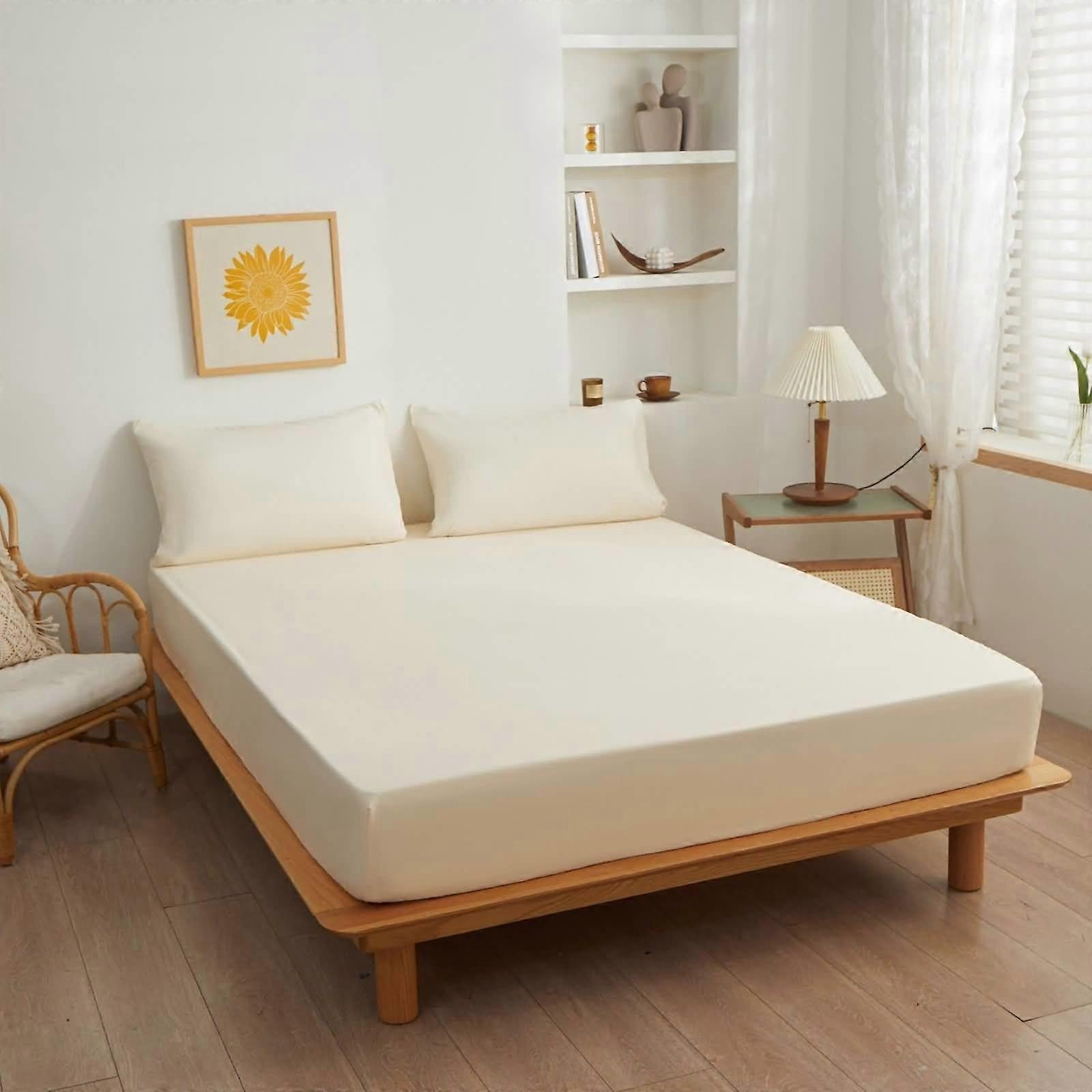 King Size Fitted Sheet 71"x79" with 2 Pillow Cases, Creamy Beige Polyester, 10 Inch Deep Pocket, Solid Color Bedding Set