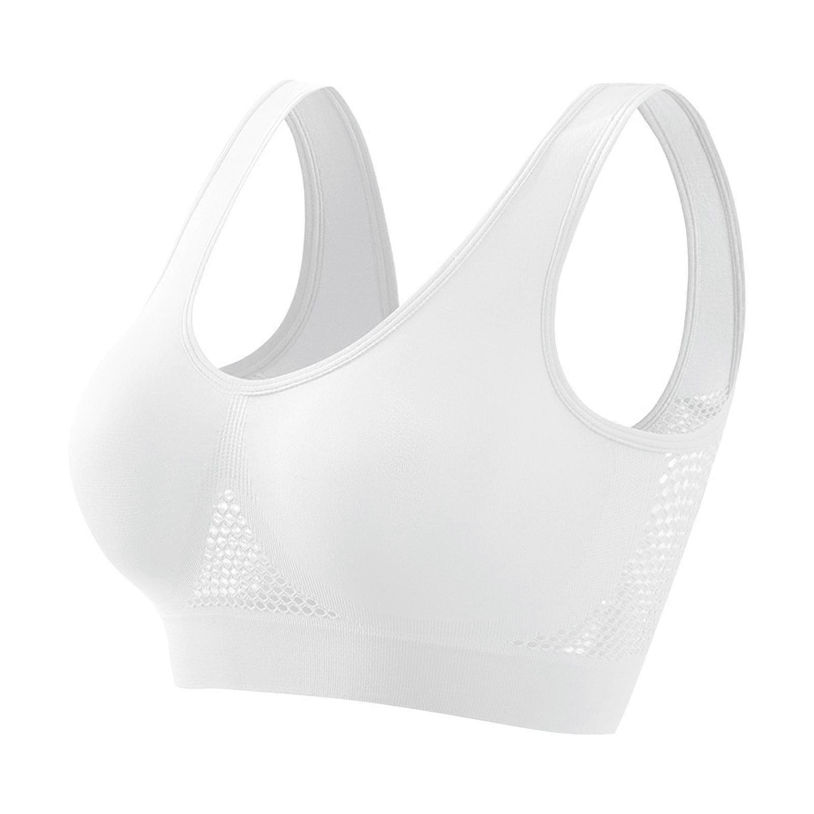 Women's Large Size Full Coverage Sports Bra No Underwire High Impact Support Breathable Mesh Wireless Underwear Crop Top White XL