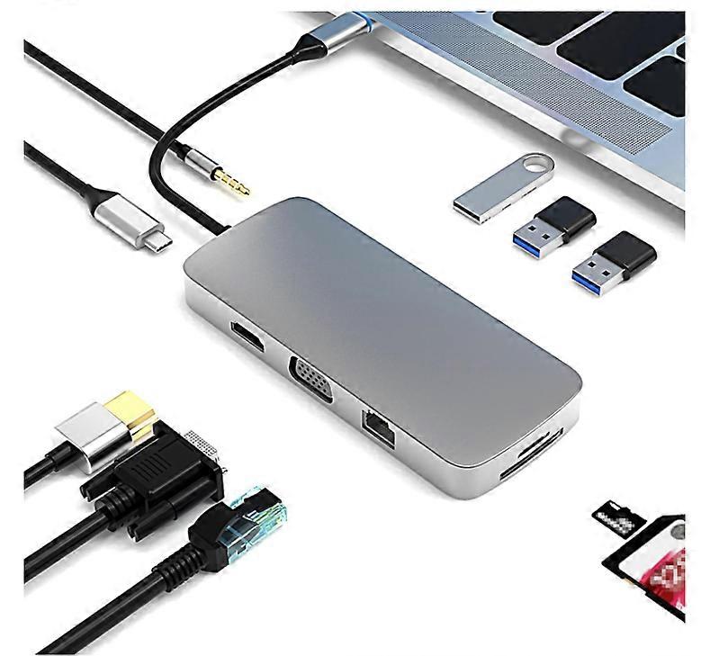USB C Hub, USB C to HDMI and SD Card Reader, USB C to 3.5mm Audio Adapter and Ethernet Adapter, VGA to USB C Port, 3 x USB Ports, 100W USB C(Gray)