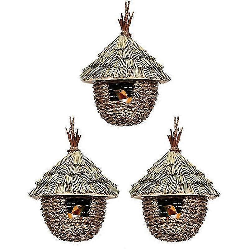 Bird House,3Pcs Hand Woven Hanging Humming Bird House compatible with Nesting,Natural Grass Bird Nest compatible with Garden
