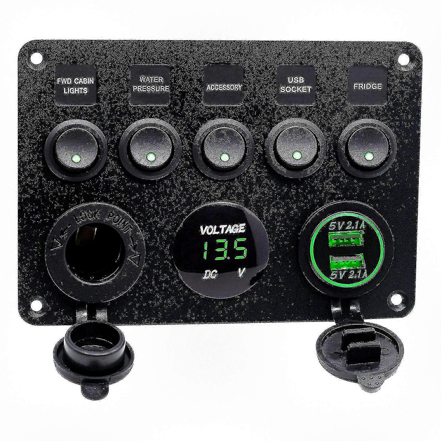 12V 24V 5 Way Fuse Block with LED Switch Panel and Dual USB Ports for Auto Marine RV