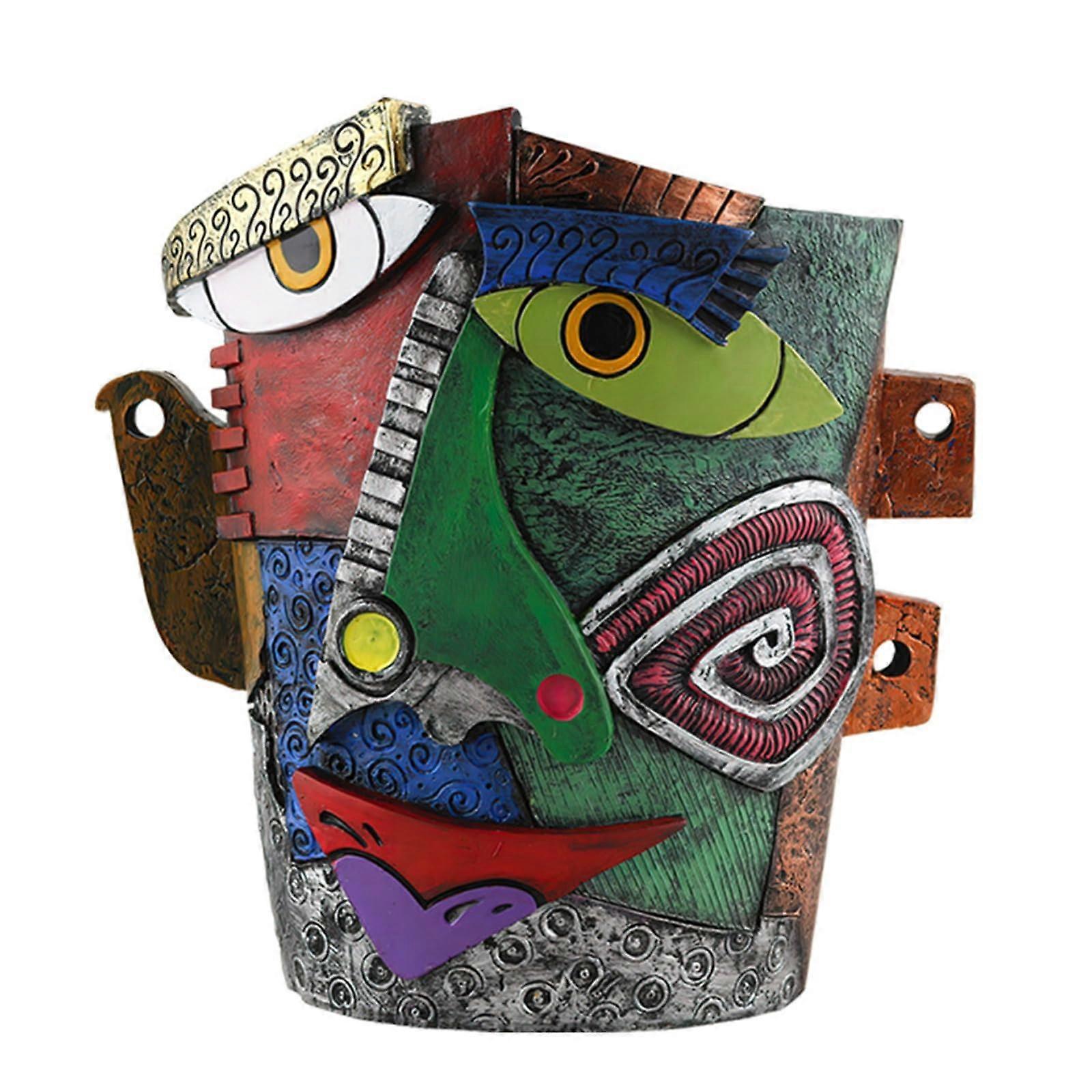 PicassoInspired Abstract Face Flower Pot Unique Head Planter with Drainage Hole Vibrant Colors Quirky Art Decor (Frowning Expression)