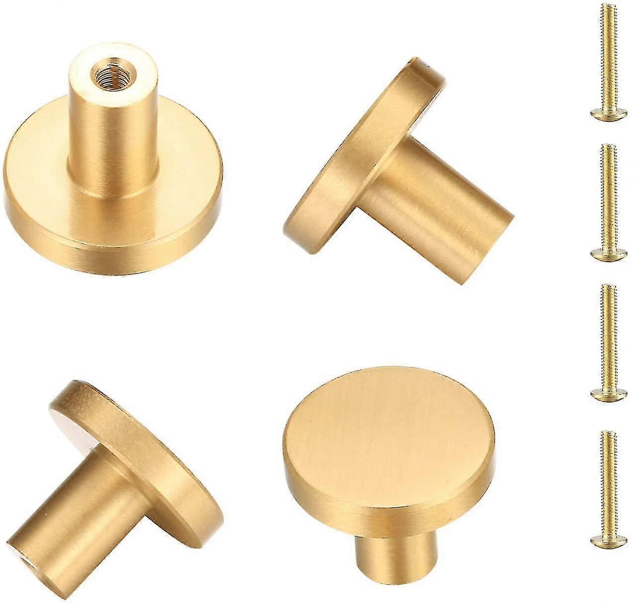 Solid Brass Round Door Handle, Gold Cabinet Knobs for Drawers & Cupboards - 4 Pack