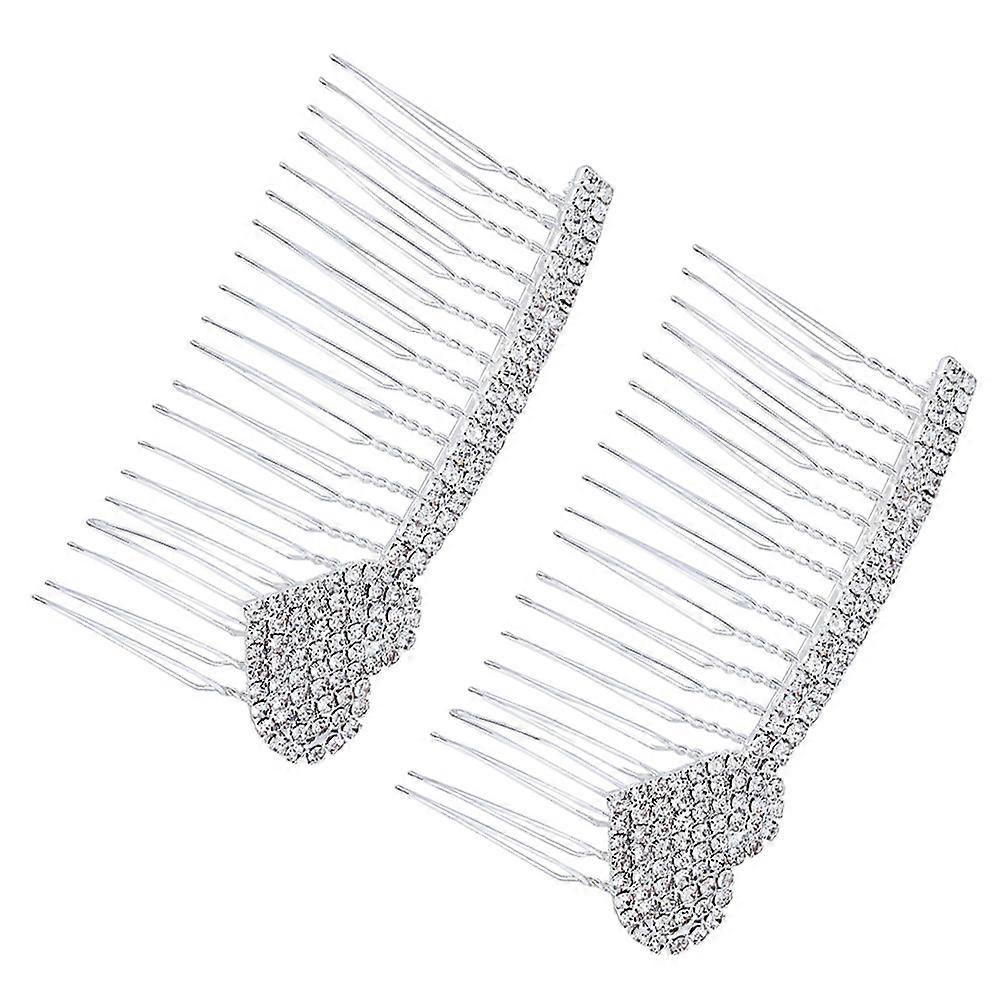 Alloy Insert Combs Rhinestone Inlay Heart Shape Hair Decoration Bridal Prom Night 10x6x1cm Silver 2Pcs