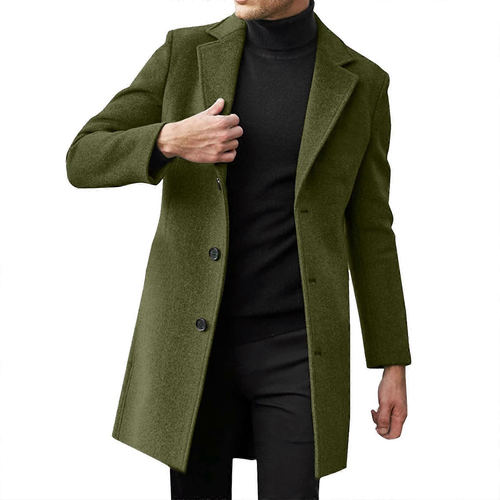Men's Wool Winter Coat Medium Length SingleBreasted Button Plain Business Coat Long TurnDown Collar Warm Trench Coat Winter Jacket XL Green