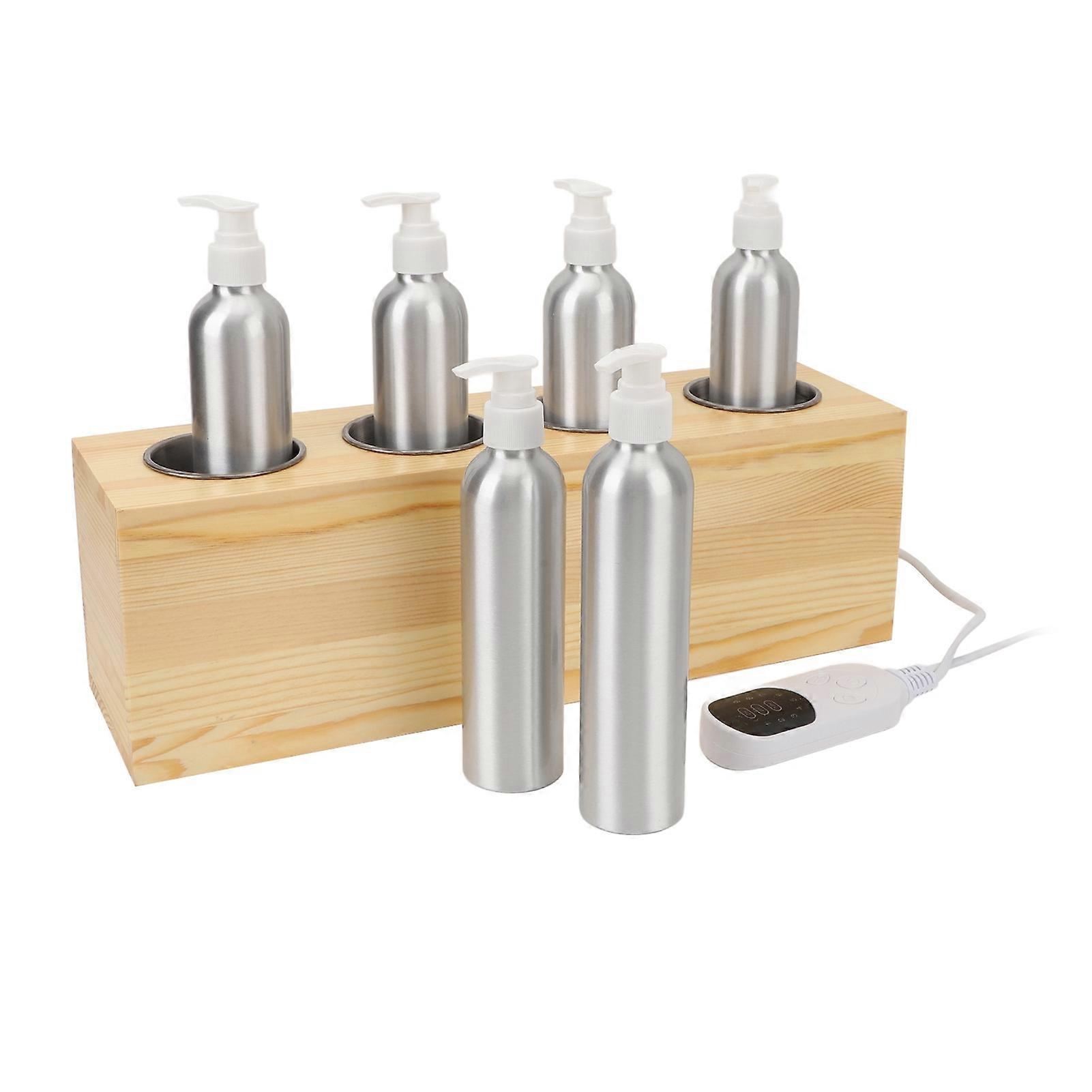 Oil Warmer Dispenser Constant Temperature Control 4 Bottles Lotion Warmer with Essential Oil Bottles 100‑240V US Plug Wood Grain
