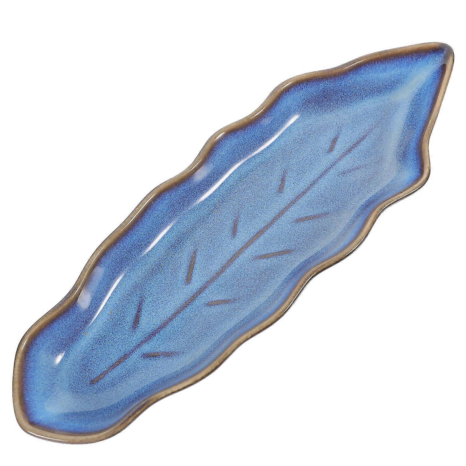 Ceramic Sushi Plate Leaf Shaped Dish Japanese Style Food Serving For Parties 27.00X8.50X2.60CM Blue 1Set