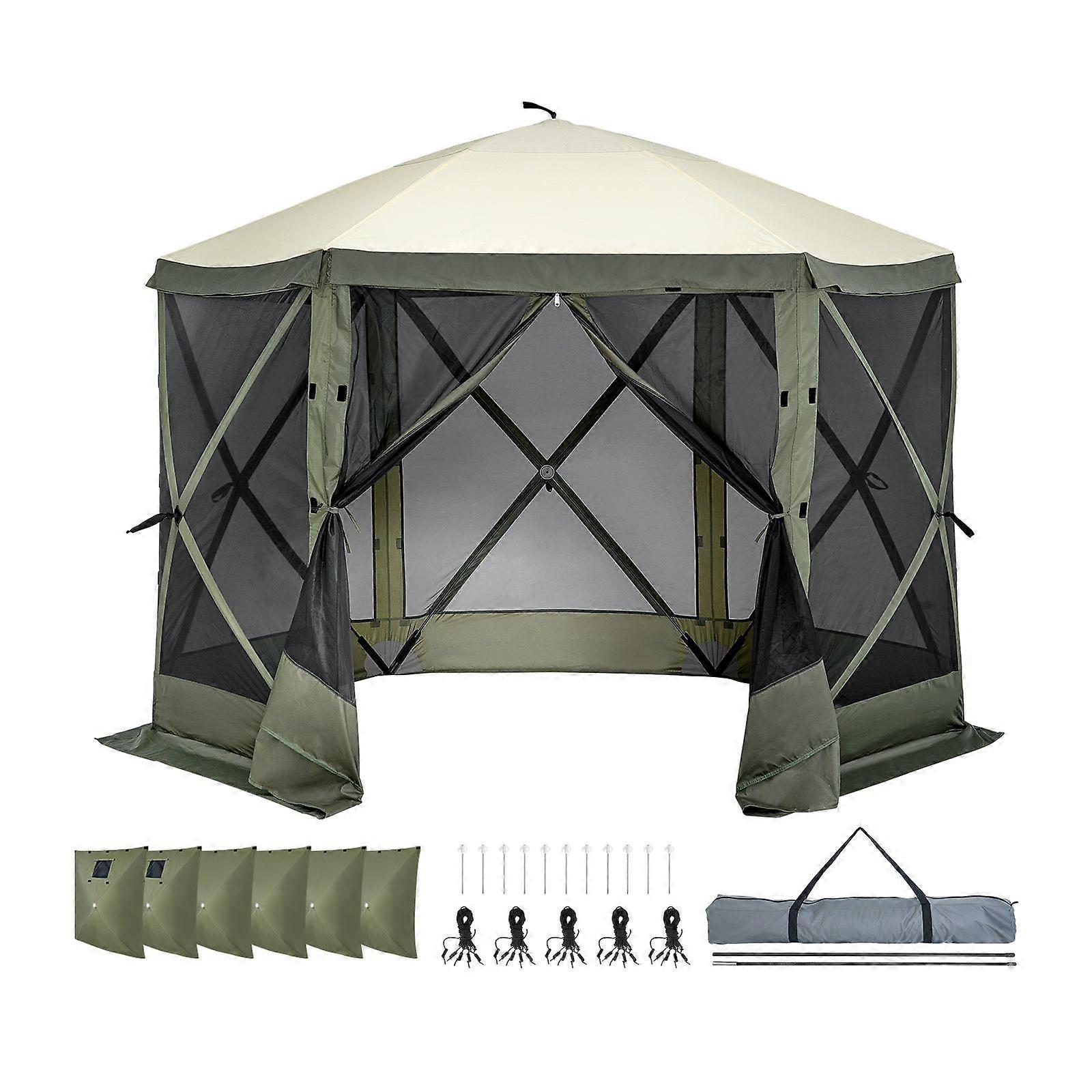 Pop-Up-Pavillonzelt, Pop-Up-Screen-Zelt mit 6-seitigem Vordach-Sonnenschutz mit 6 abnehmbaren Sichtschutz-Windtüchern und Netzfenstern, Armeegrün