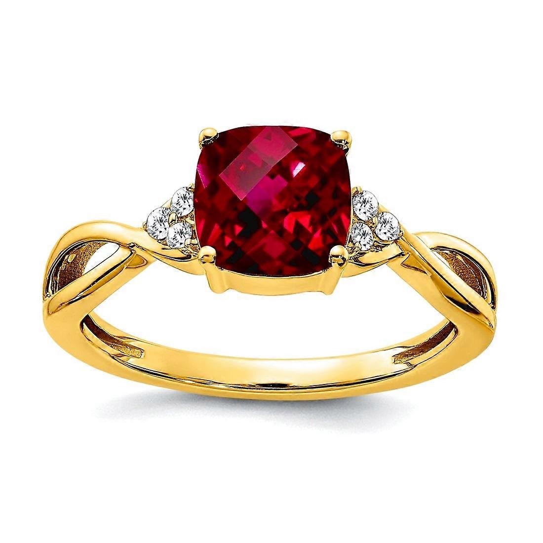 7.2mm 10k Solid Yellow Gold Checkerboard Created Ruby and Diamond Ring Size 7.00-Ring for Women