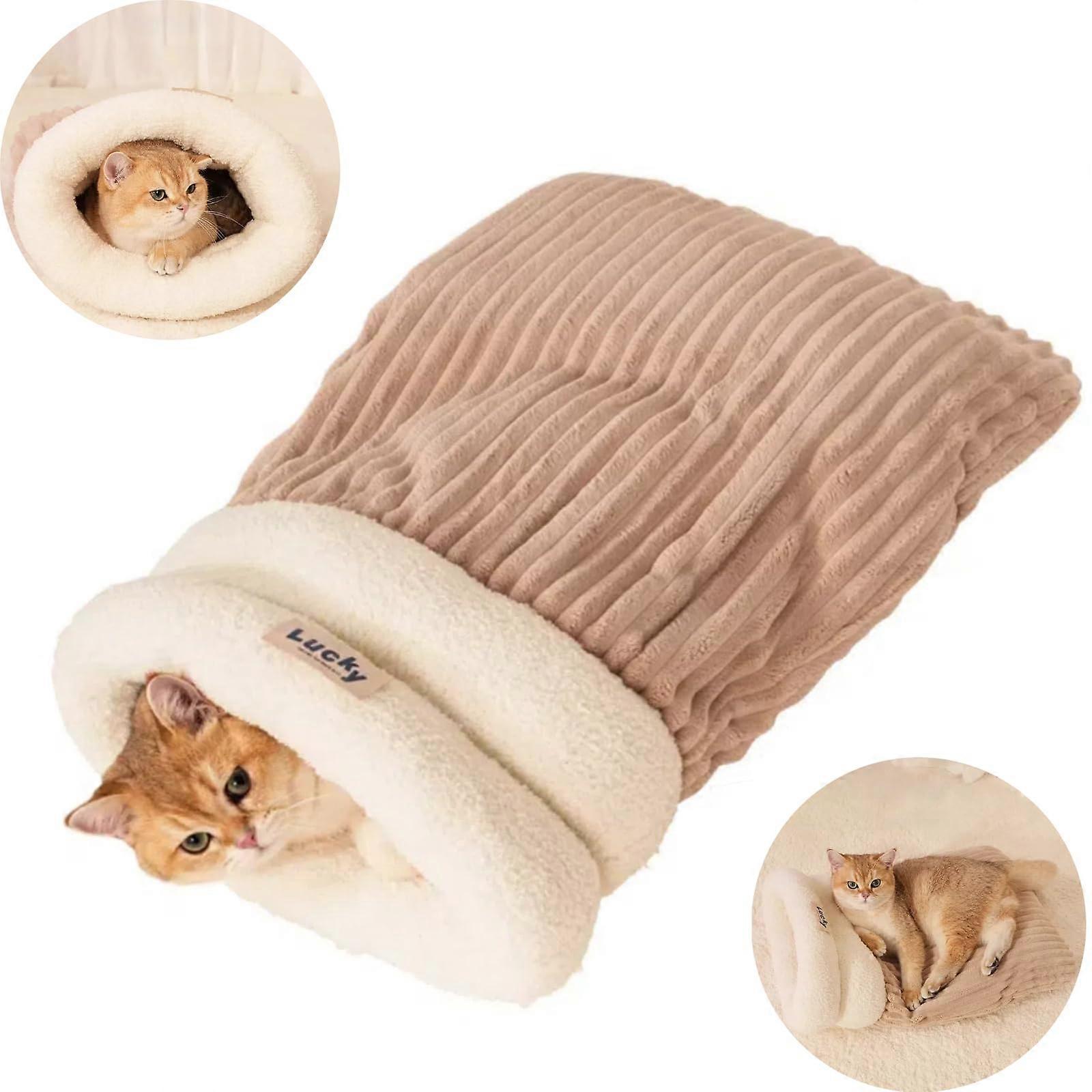 Cat Sleeping Bag For Indoor Cats, Warm SemiEnclosed Cat Cave Bed, 360 Wrap Soft Plush Nest, Size L, Brown, 8kg Capacity