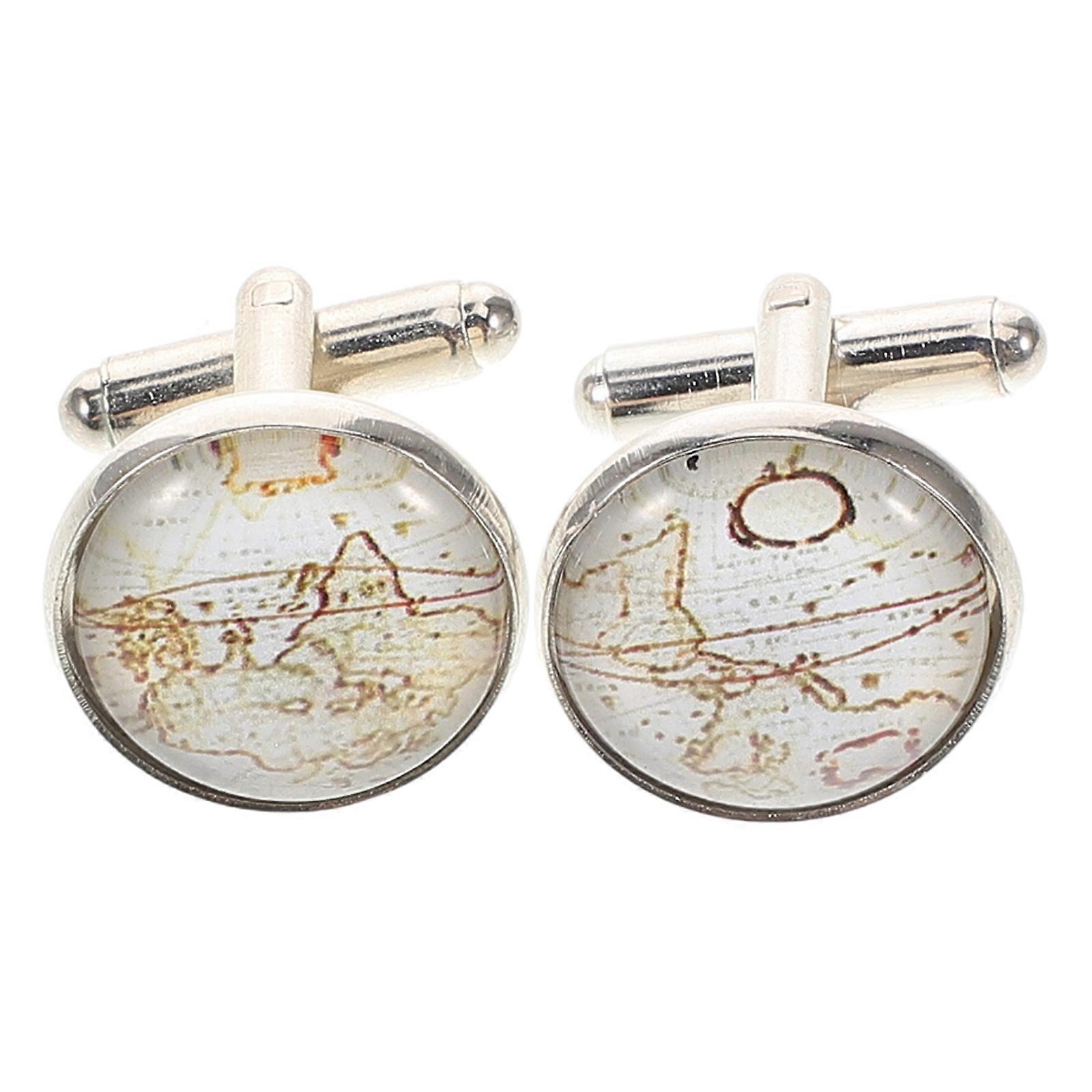 Mens Cufflinks Vintage Round Map Pattern for Business Use with 3Pairs