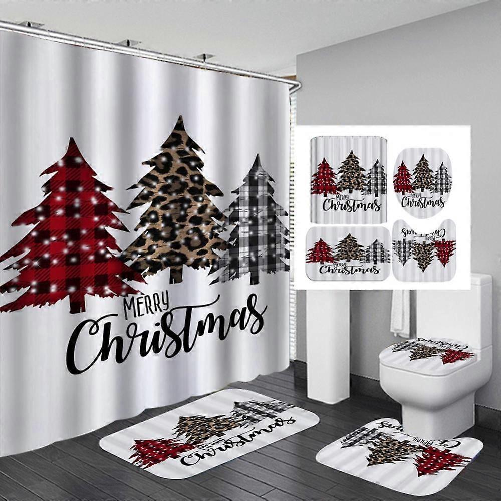 4 Pcs Merry Christmas Shower Curtain Set with Non-Slip Rugs, Bath Mat, Toilet Cover & 12 Hooks, Xmas Tree Ball Snowflake Red Design