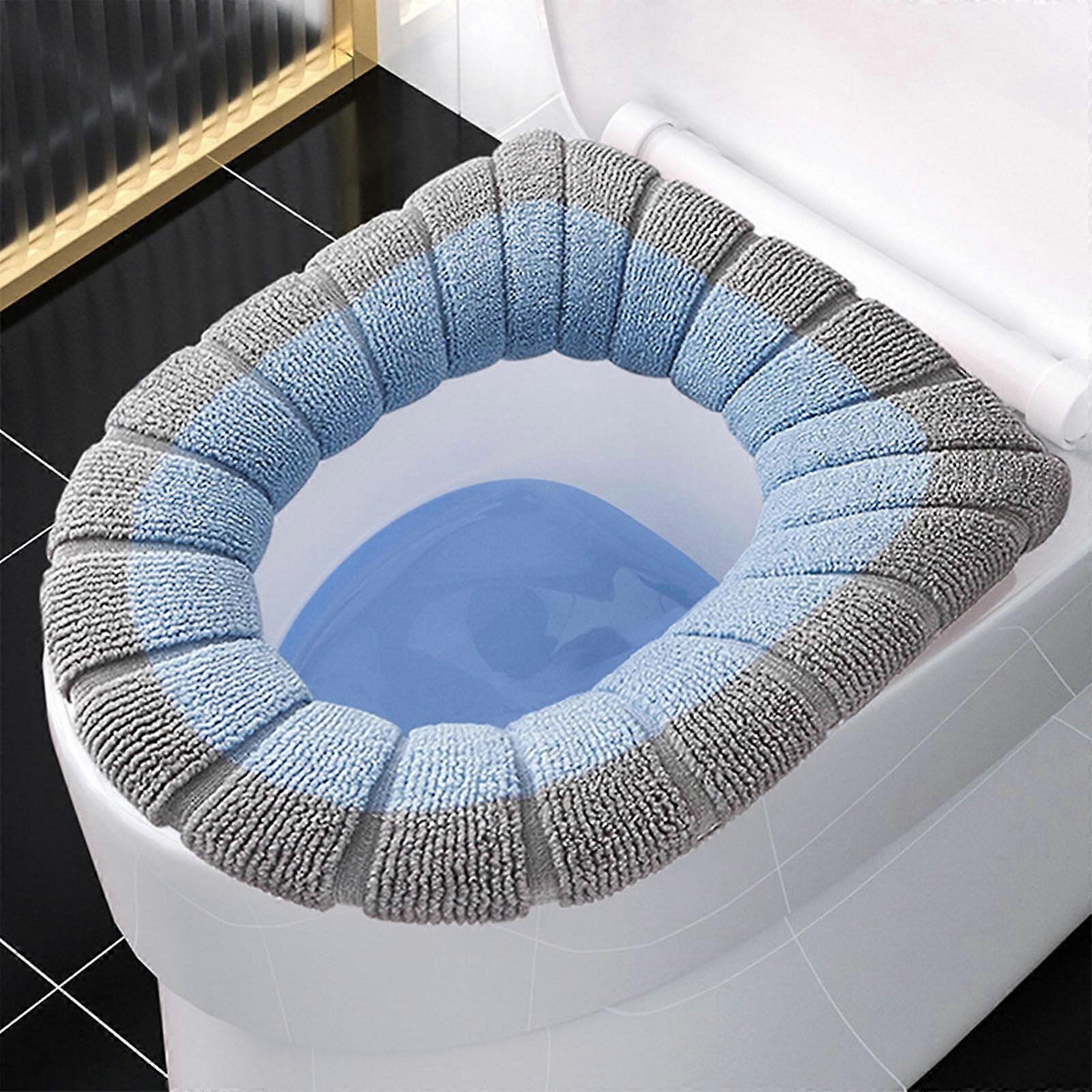 SNGMN Universal Toilet Seat Cover Set with Handles, Thick Washable Knitted Cushion for Elongated & Round Toilets, Winter Warmth (Blue)