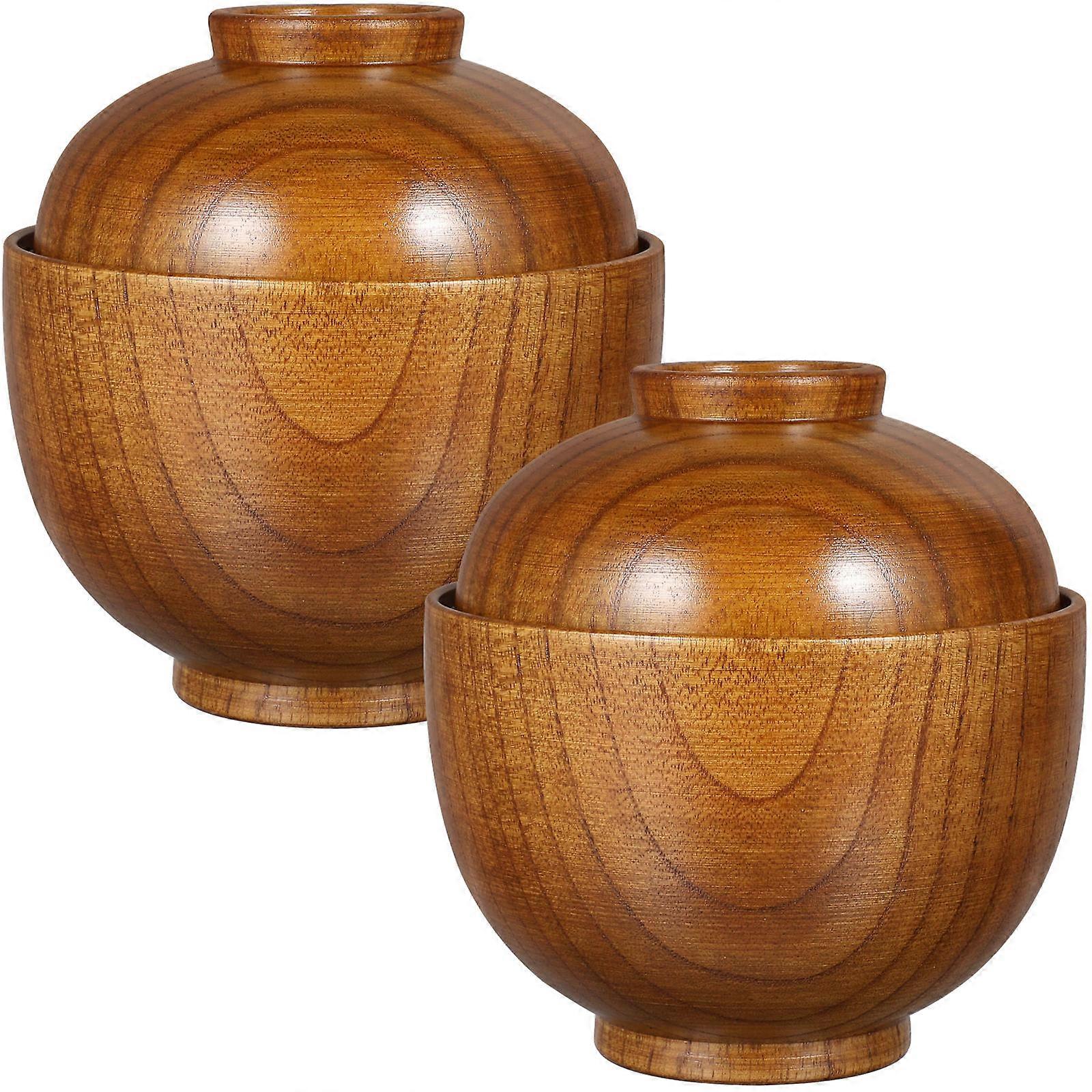 Mixing Bowl Set With Lids Wooden Bowl For Soup Container Light Brown Round Heat-Resistant 2Set