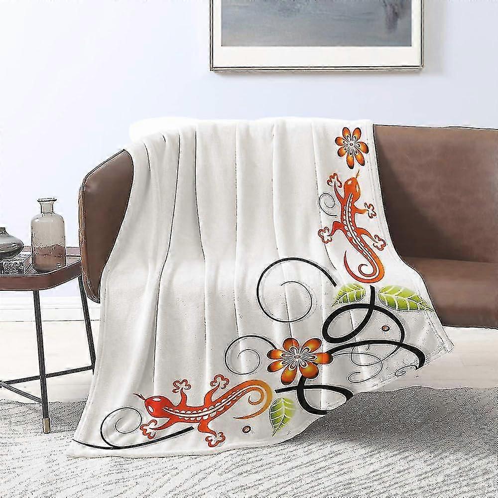 Blanket Flannel Blankets,tribal, Small Flowers And Lizard Leaves With Oriental Lines, Gray And White,throws For Sofa Fluffy Blanket Bed Throw F Bedroo