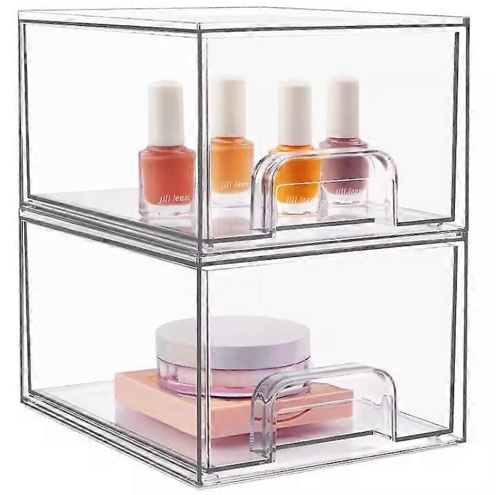 Clear Stackable Storage Drawer 2Pack, 4.4Inch Tall Acrylic Bathroom Organizer for Vanity Under Sink Kitchen Cupboard