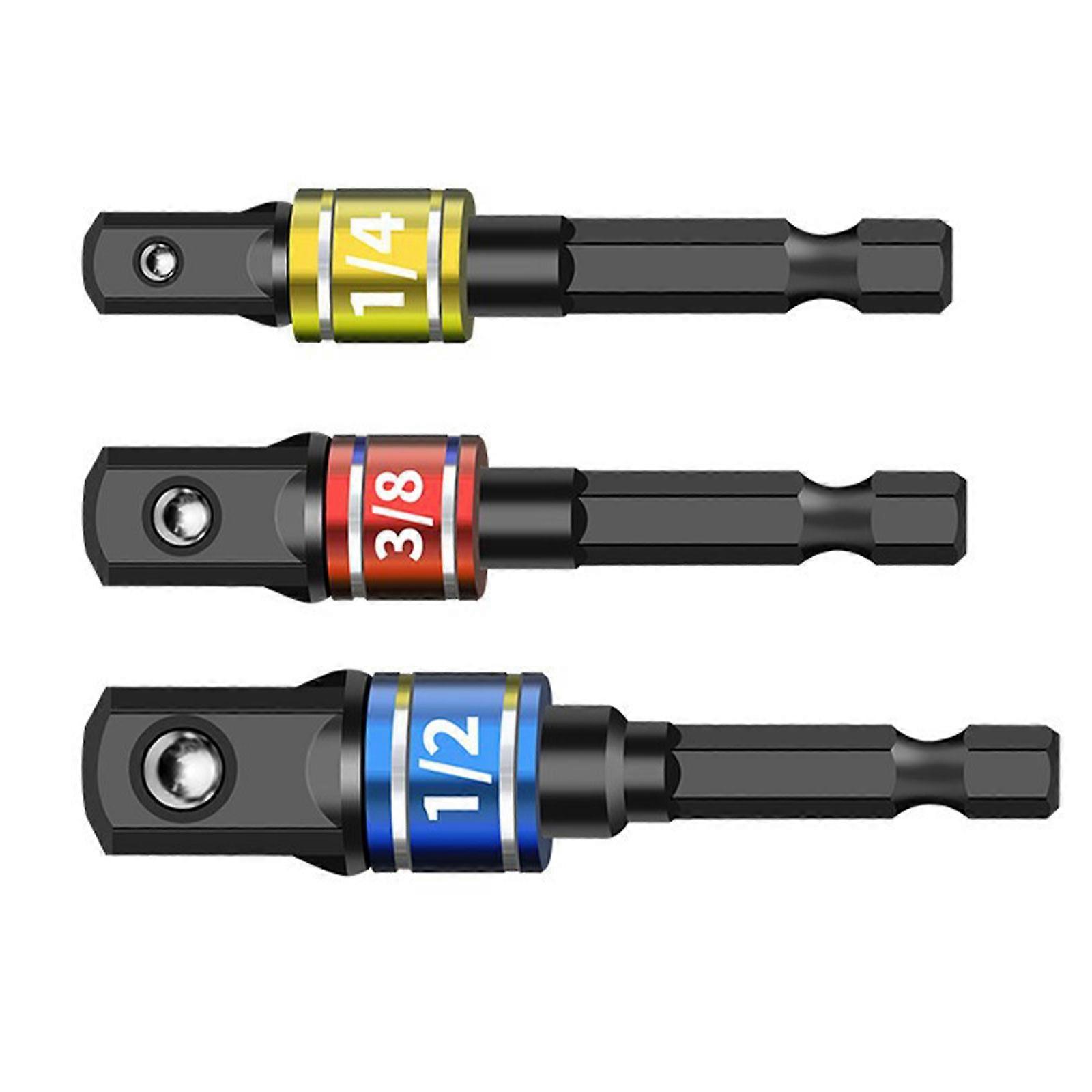 Socket Adapters Set 3Pcs Impacting Driver Socket Adapters ,Size 1/4" 3/8" 1/2" Hexagonals Square Socket Bit Adapters Multicolor