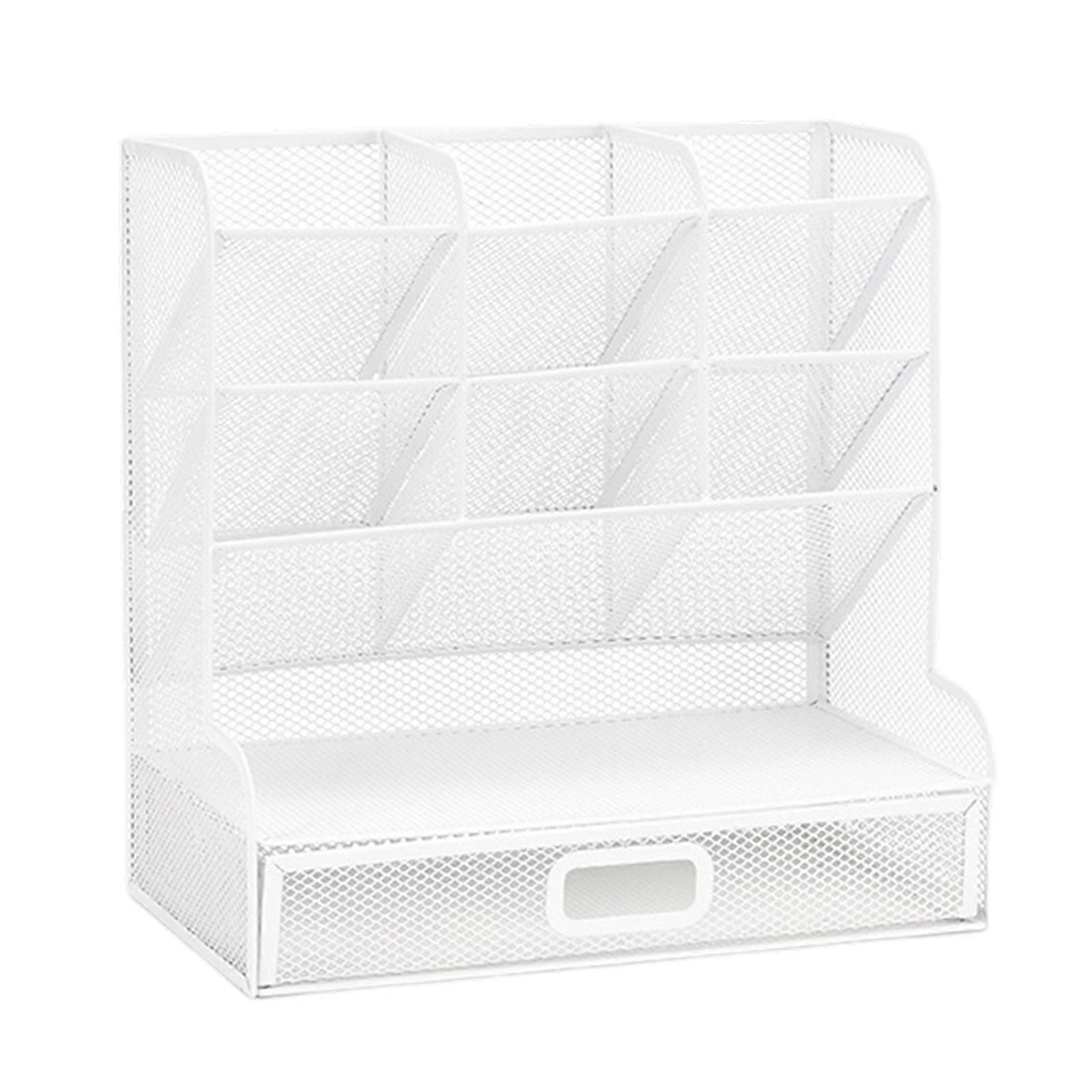 Metal 9Compartment Desktop Organizer With AntiSlip Base MultiTier Stationeries Storage Rack Container For Workspaces  White