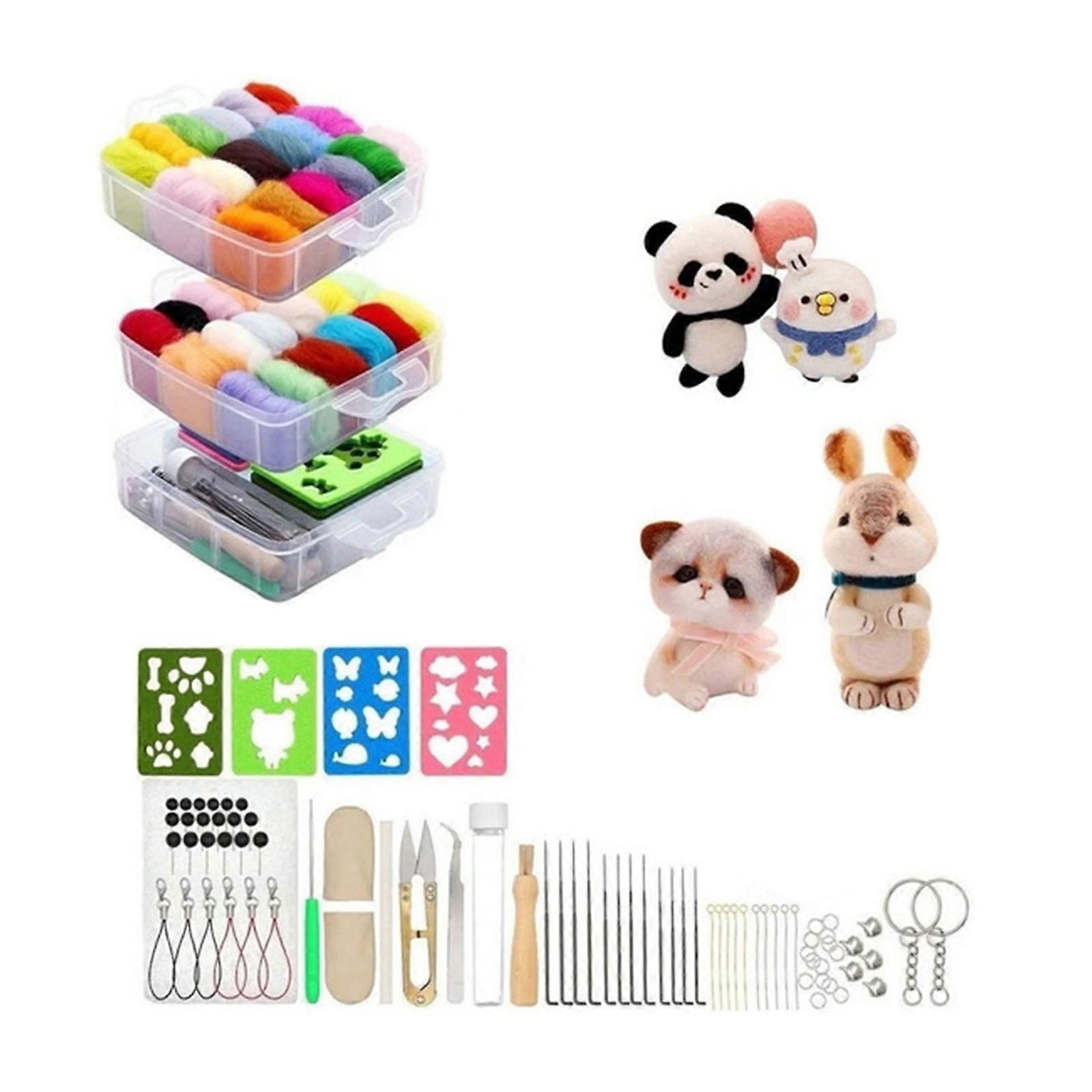 Needle Wool Felting Set, DIY Wool Felt Set Needle Felting Supplies Incliuding Wool, Felting Needle, Tools, 3-Tiers Box Multicolor