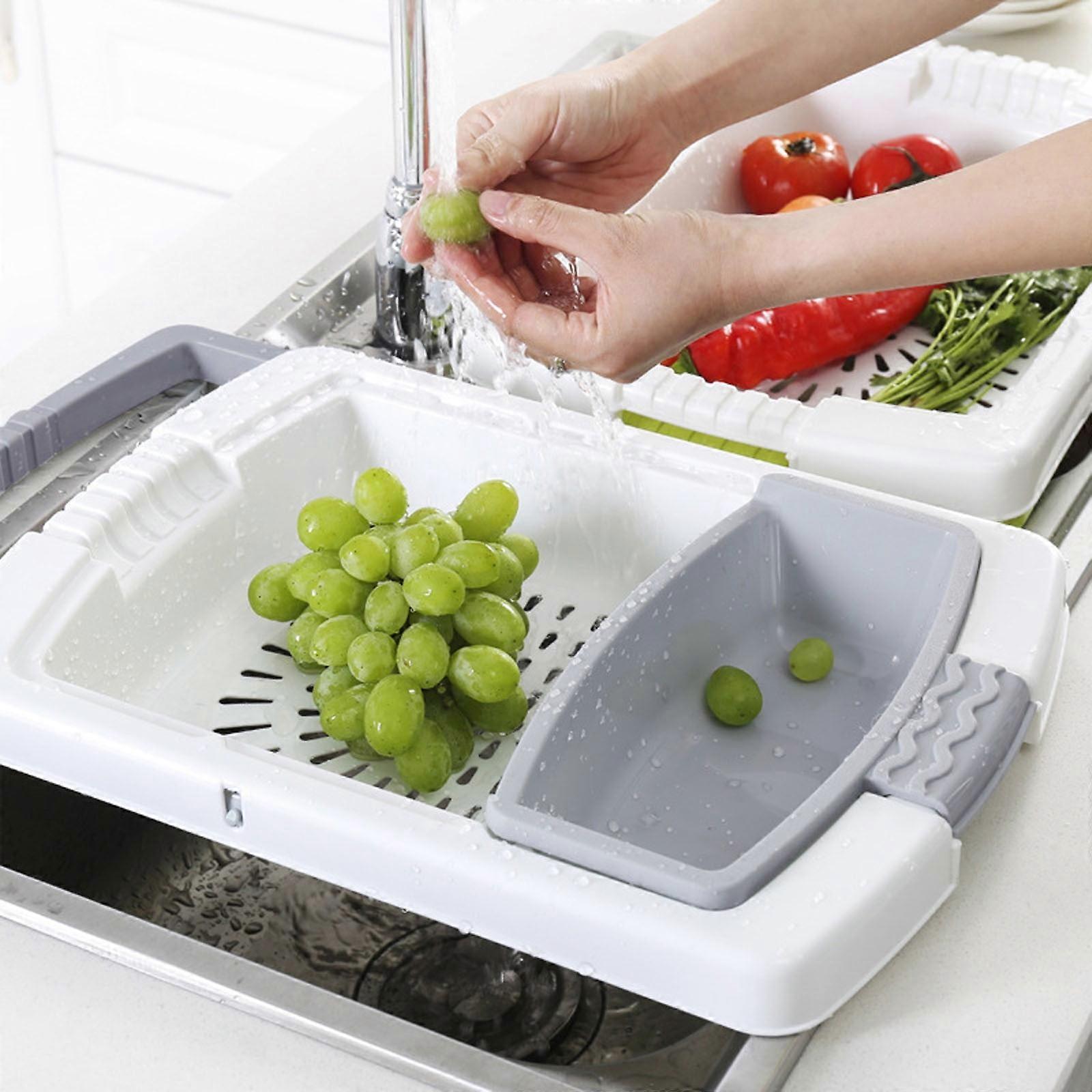EQWLJWE 2 in 1 Cutting Board with Sink Strainer, Retractable Drain Basket & Storage Containers for Over Sink Chopping and Washing