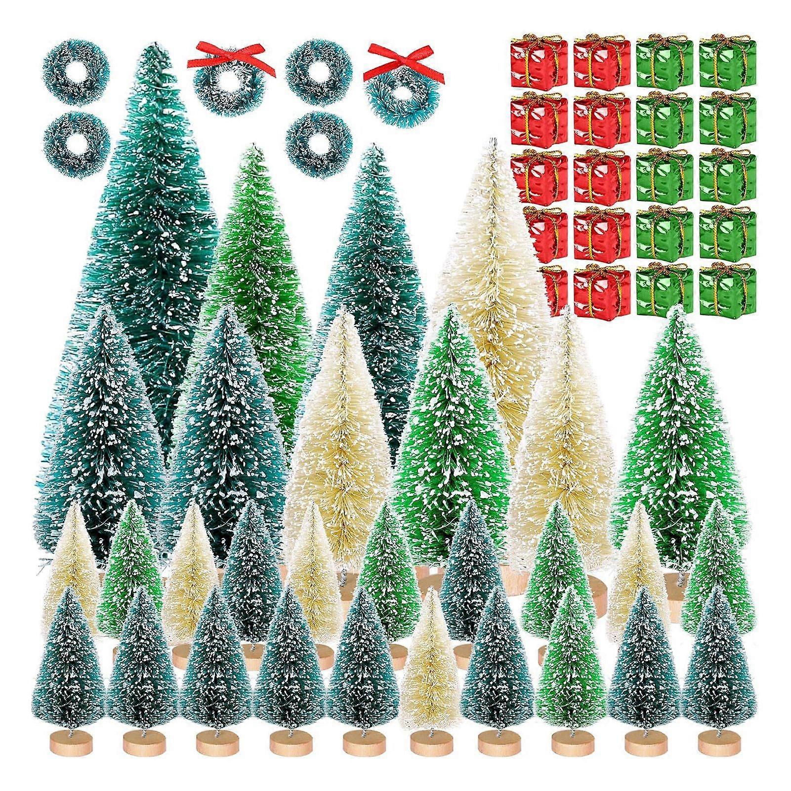 56 Pcs Mini Christmas Trees Set Sisal Snow Frosted Bottle Brush Trees with Wooden Base Miniature Artificial Pine Tree for Winter Home Tabletop Decor