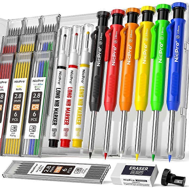 Nicpro 6 Pack CP1000 Carpenter Pencil with Sharpener, Mechanical Carpenter Pencils with 66 Refills, Deep Hole Long Nib Marker Pens for Const