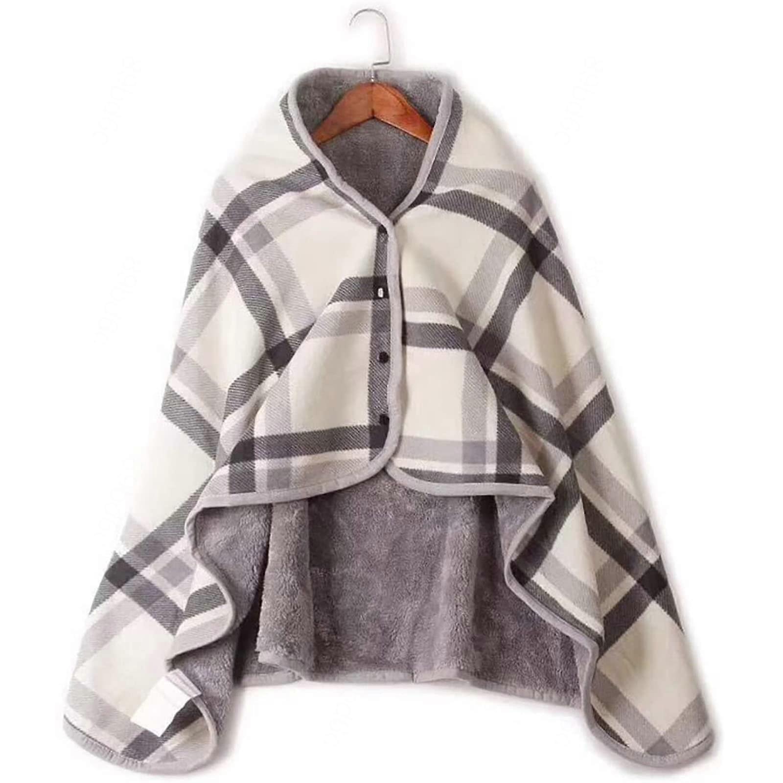 Poncho Throw With Buttons Thick Flannel Blanket DoubleLayer FleeceLined Wheelchair Cozy Cover Lap Bed Sofa Office